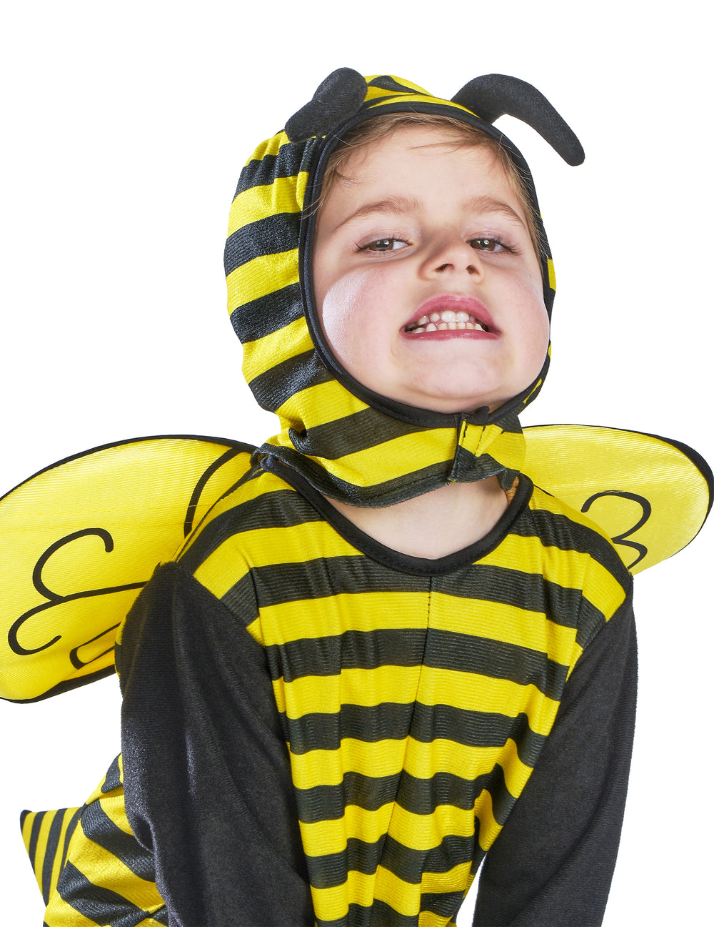 Gros plan sur la cagoule à antennes du déguisement d'abeille pour enfant