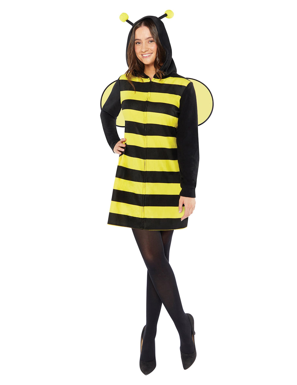 Déguisement abeille polaire pour femme jaune et noir à rayures avec ailes et capuche à antennes