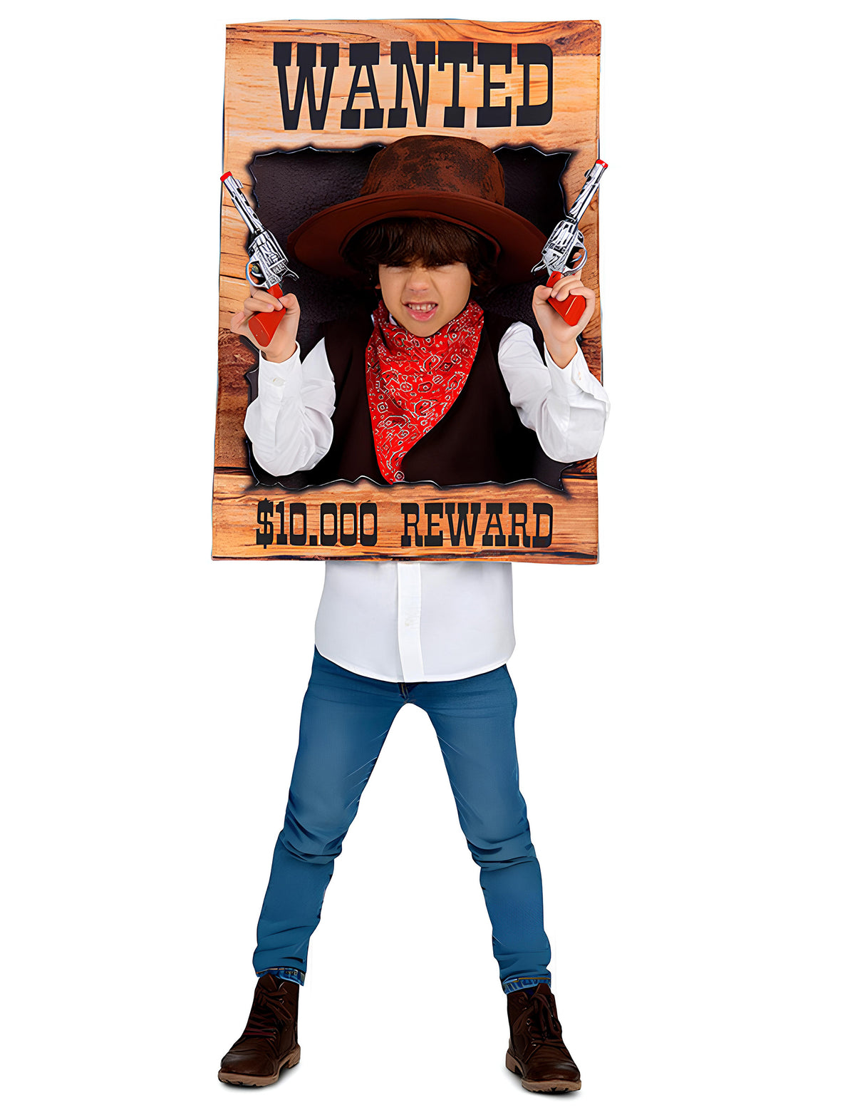 Mise en situation avec pistolets du Déguisement Affiche Wanted pour enfant