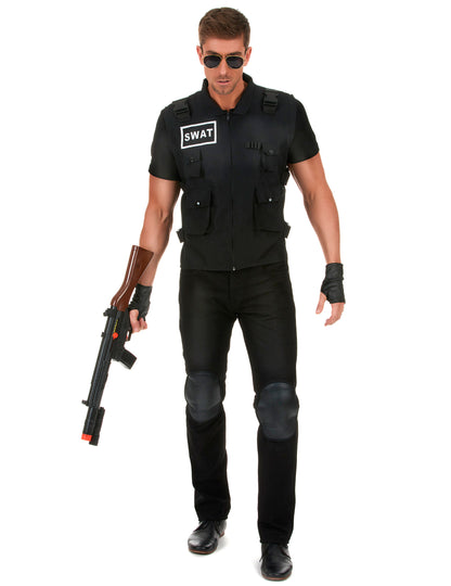 Déguisement agent du SWAT pour homme noir avec gilet et lunettes de soleil