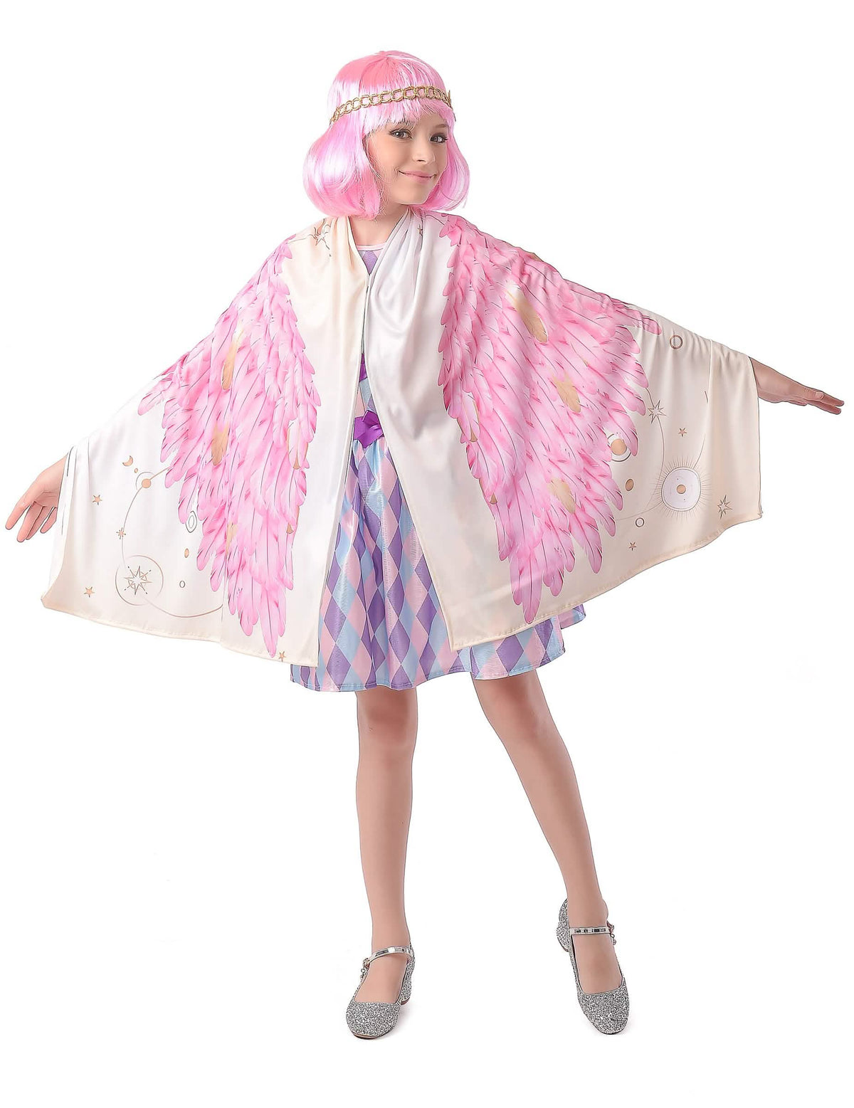 Déguisamento poncho asas de anjo para menina cor de rosa
