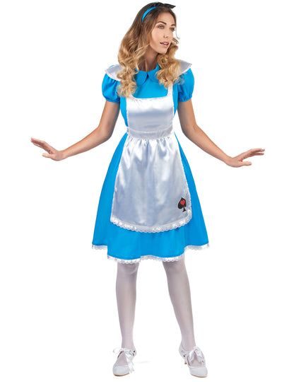 Déguisement Alice pour femme bleu et blanc avec tablier satiné