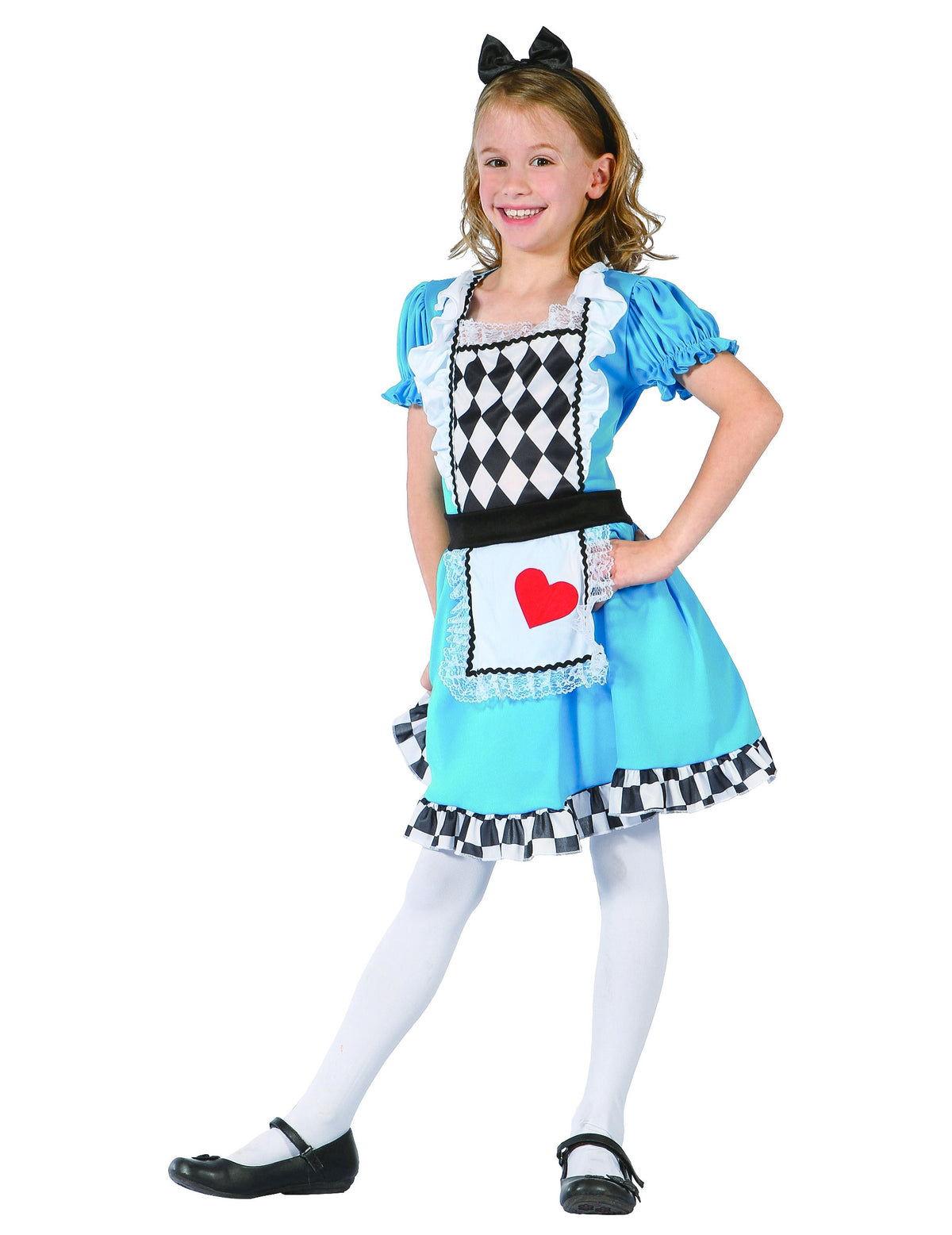Déguisement Alice de coeur pour fille bleu clair avec tablier à damier et coeur rouge