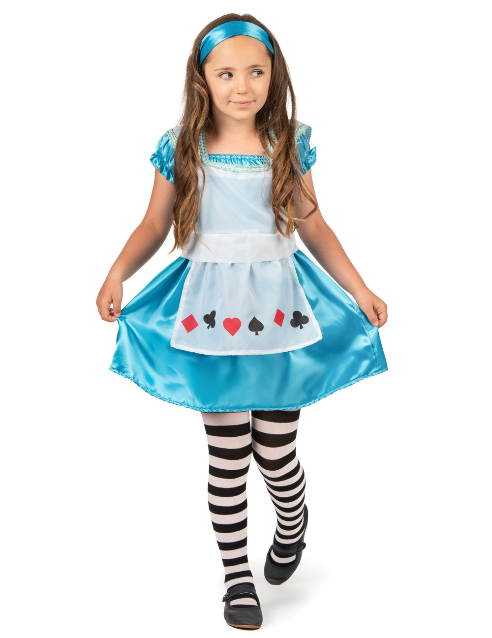 Déguisement Alice pour fille bleu avec tablier blanc à symboles de cartes