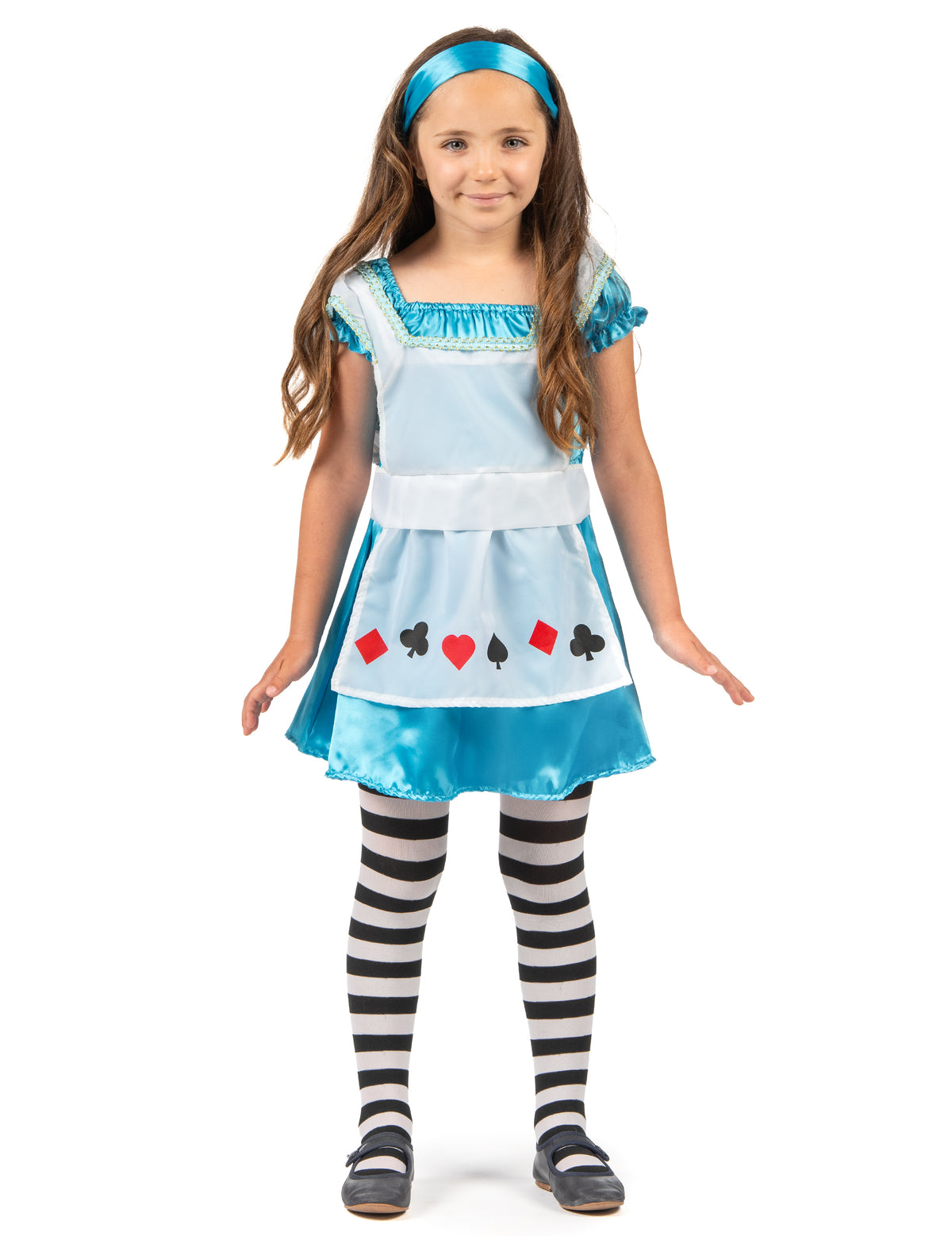 Vue de face du déguisement Alice pour fille avec collants rayés et serre-tête