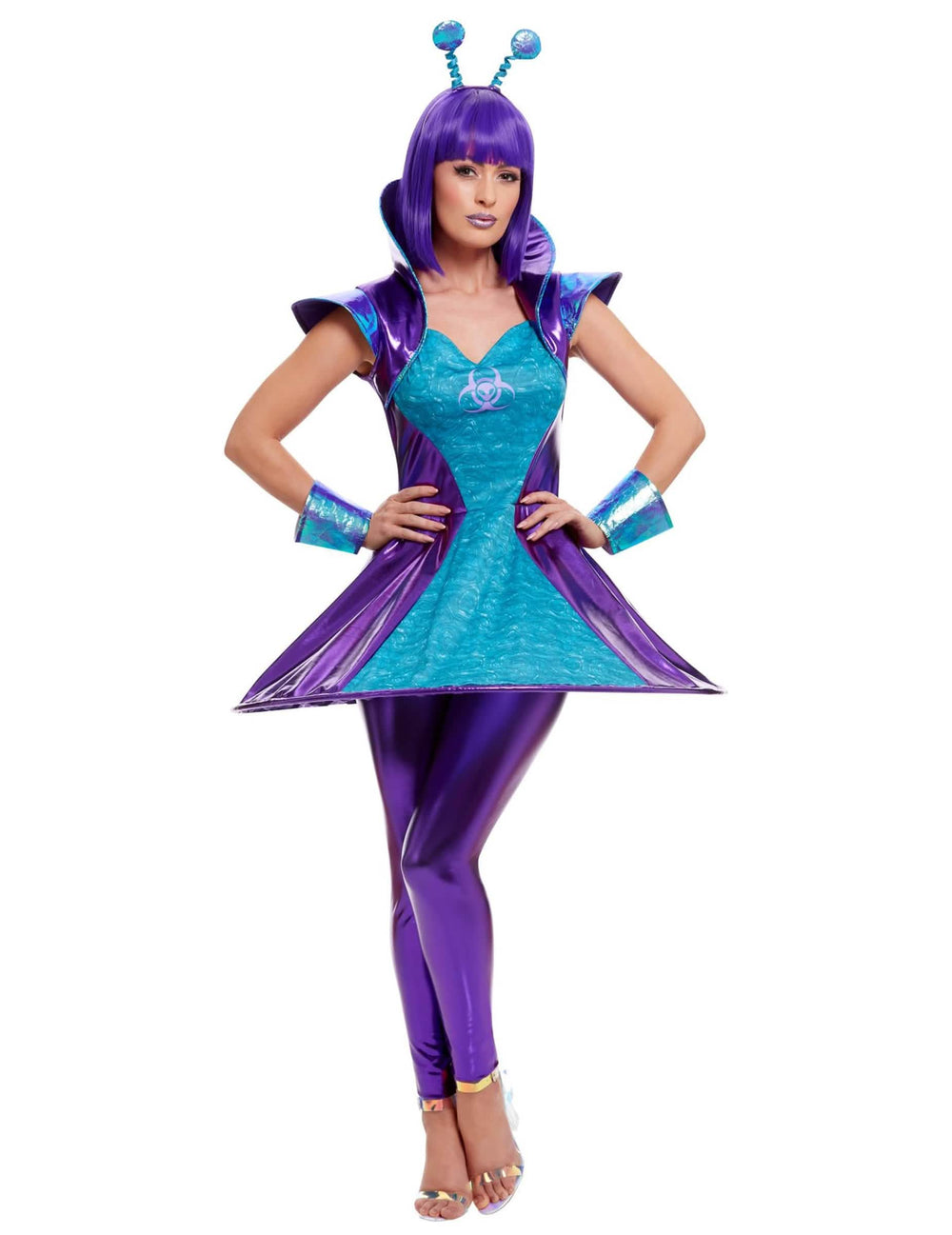 Fato de alien para mulher azul e roxo metalizado com diadema