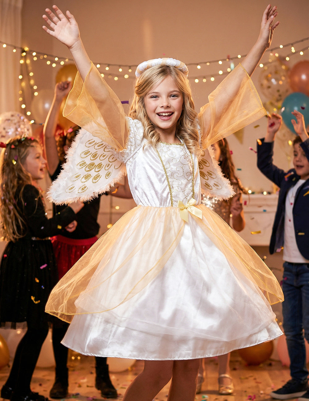 Déguisement d'ange pour fille blanc et doré avec ailes et auréole