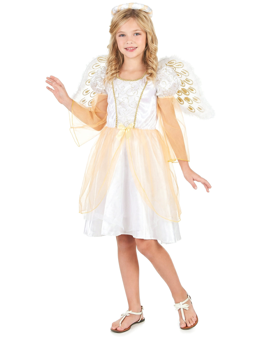 Vue de face du déguisement d'ange pour fille blanc et doré
