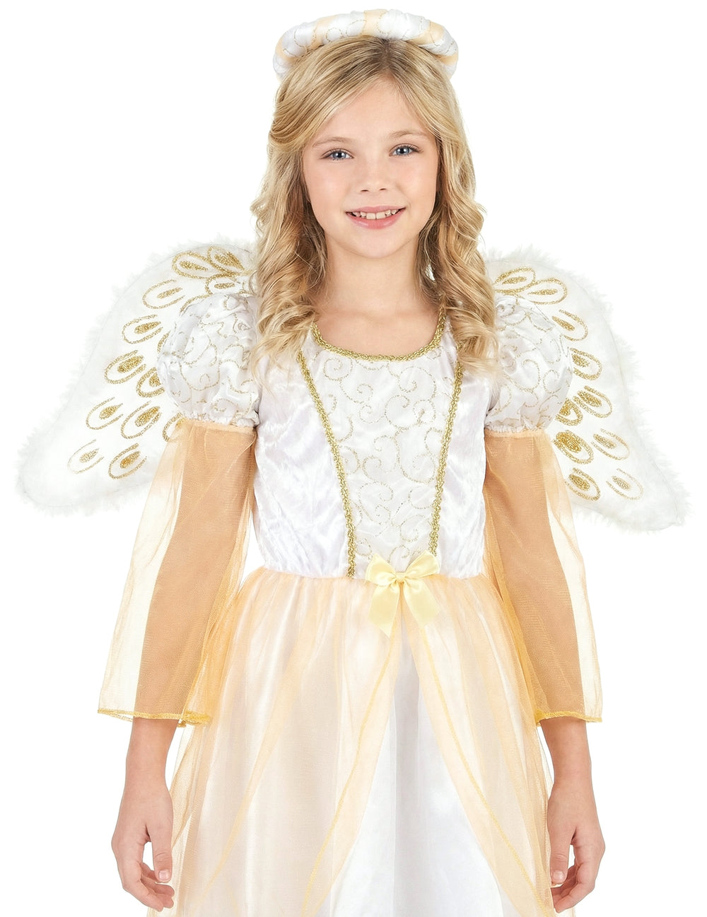 Gros plan du déguisement d'ange pour fille blanc et doré