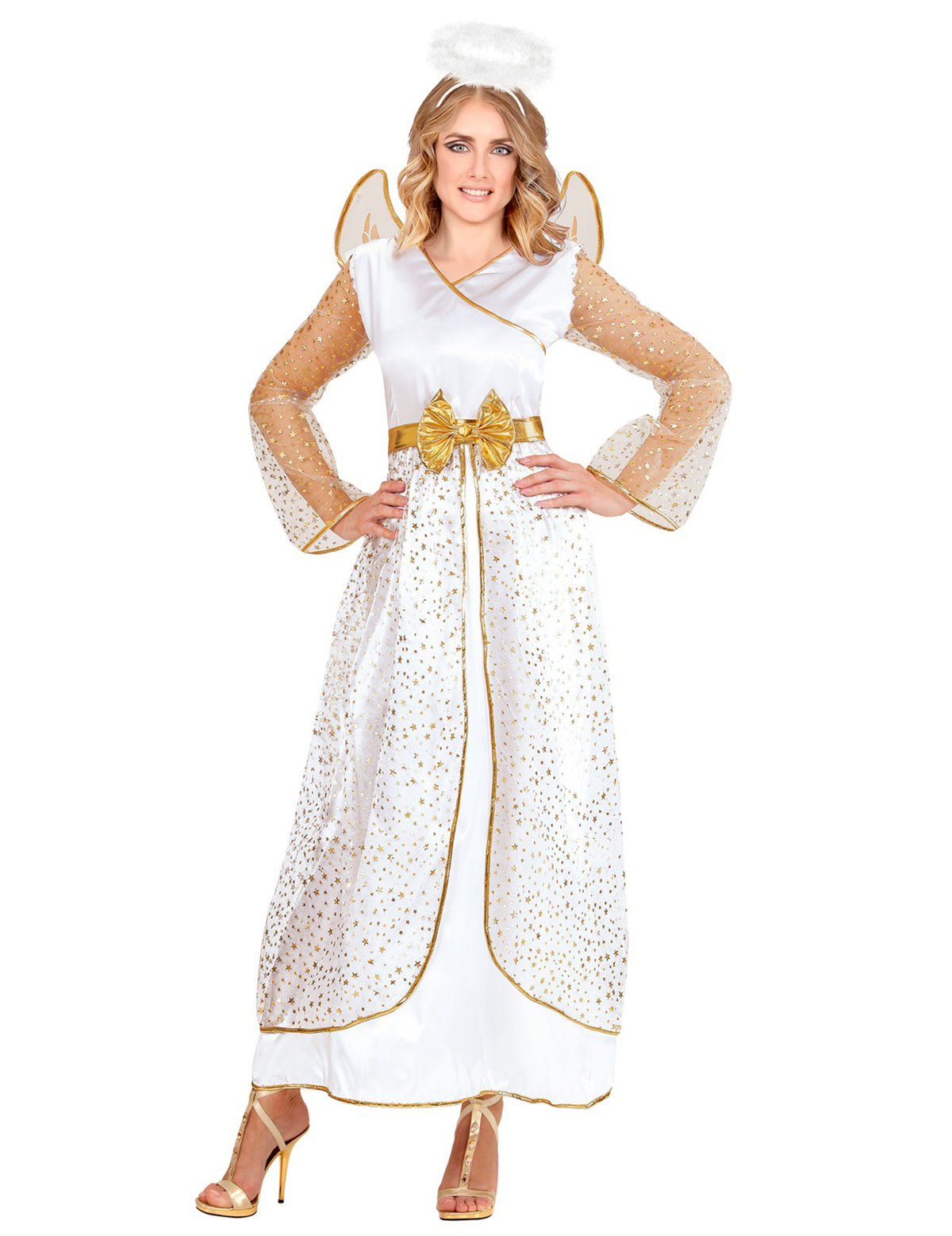 Déguisement d'ange pour femme blanc et or avec ailes et auréole