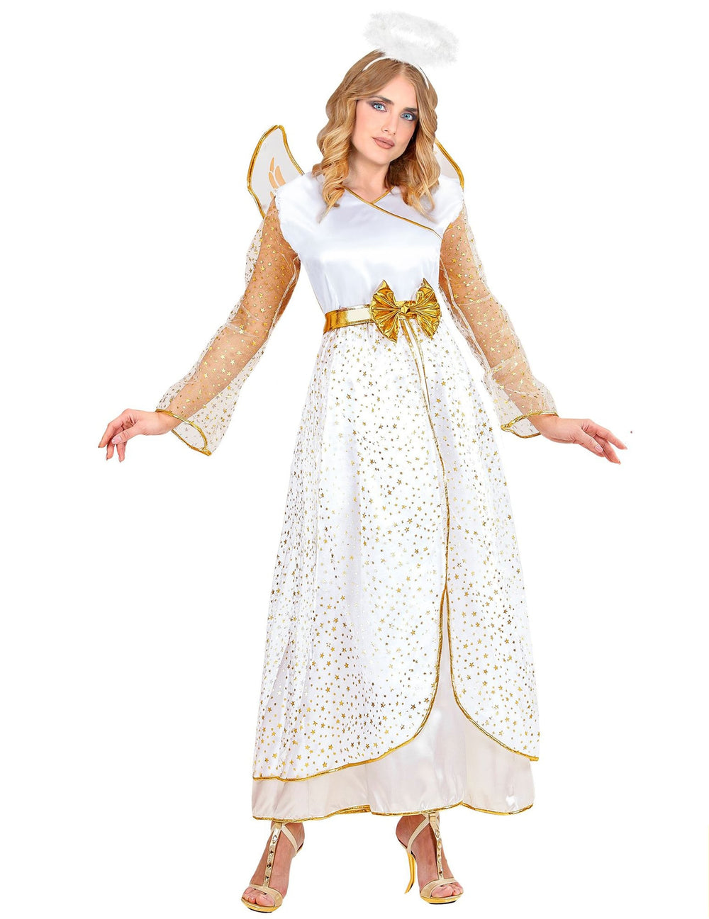 Vue de face du déguisement d'ange pour femme blanc et or