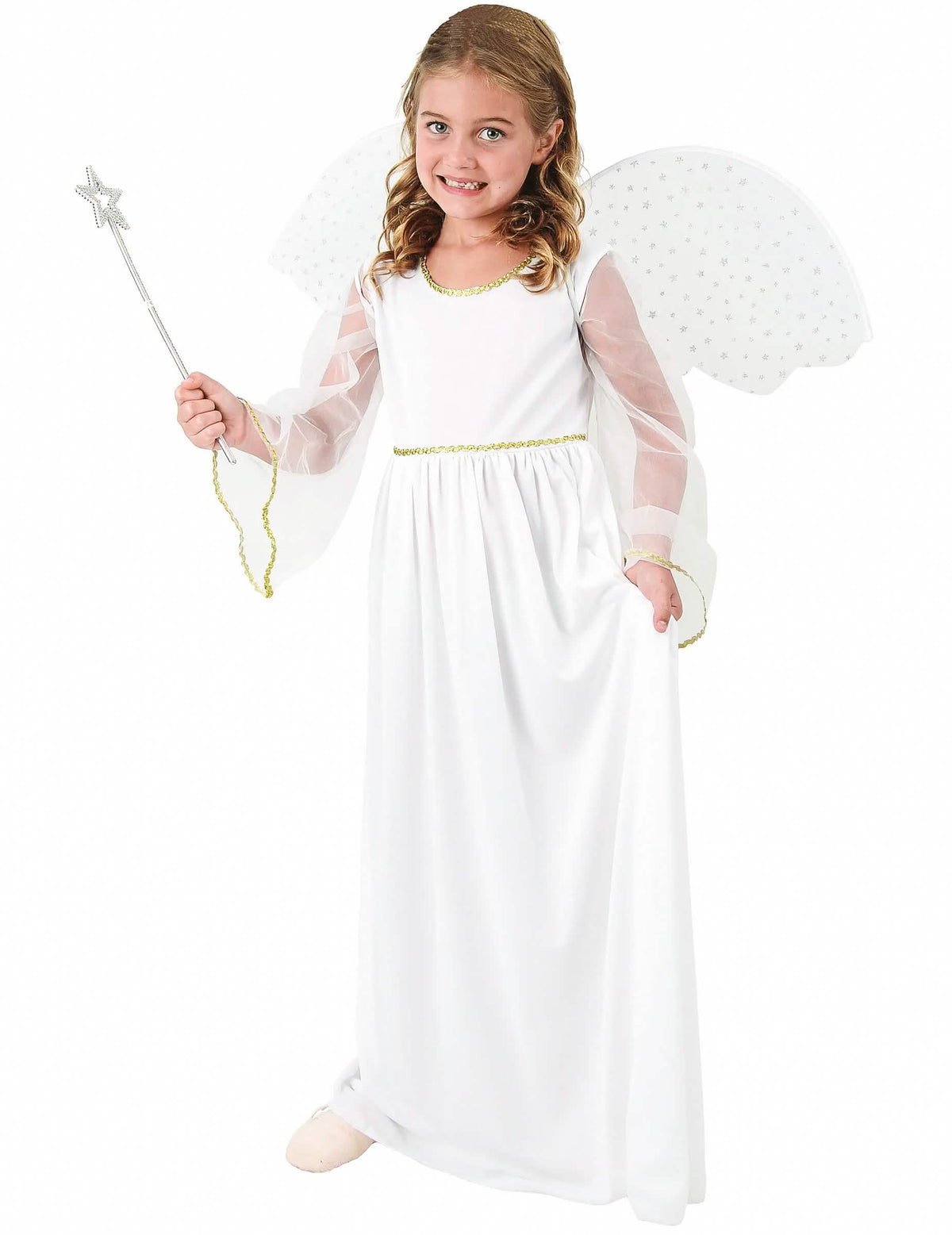 Fato de anjo para menina branco com asas e varinha estrelada