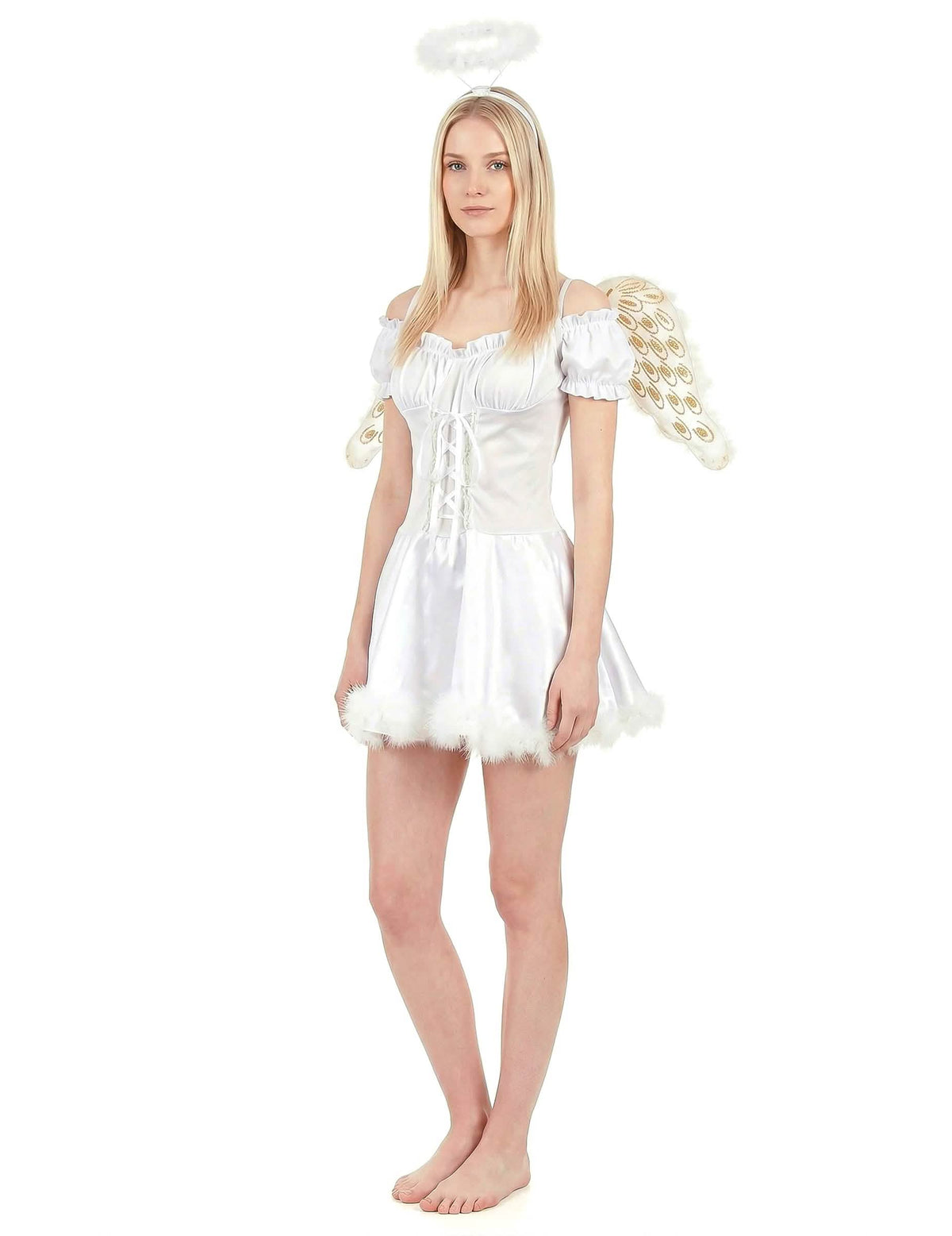 Vista de três quartos do disfarce anjo branco sexy para mulher