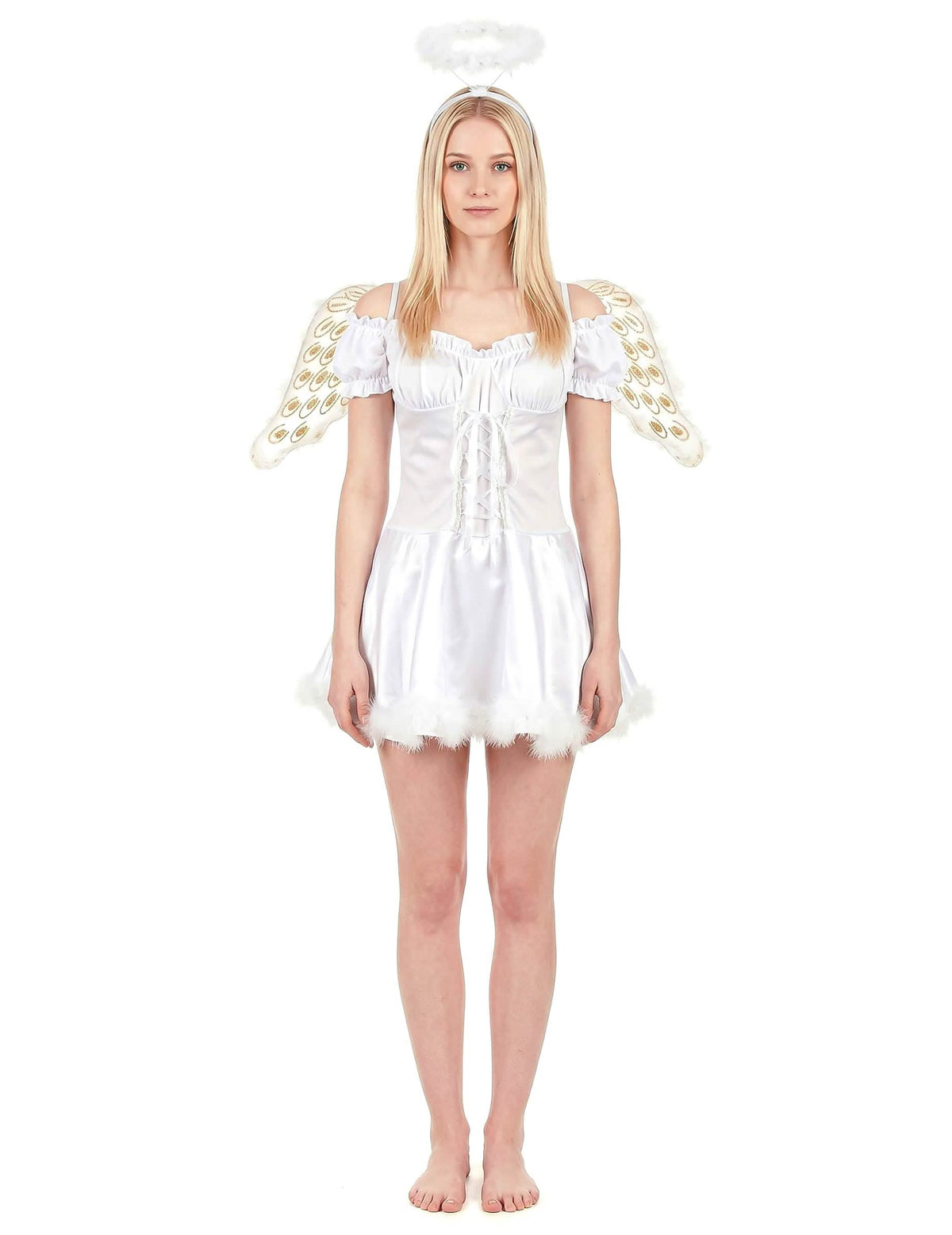 Vista frontal do disfarce sexy de anjo branco para mulher