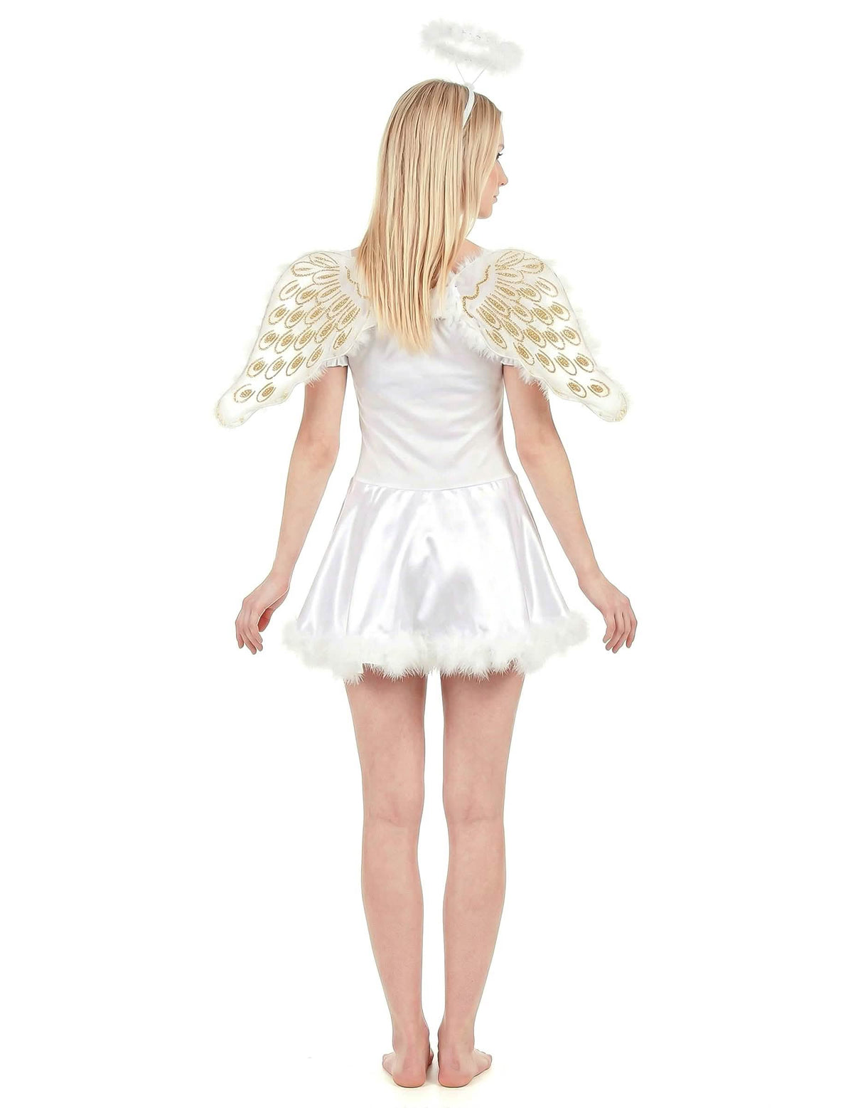Vista de trás do disfarce de anjo branco sexy para mulher