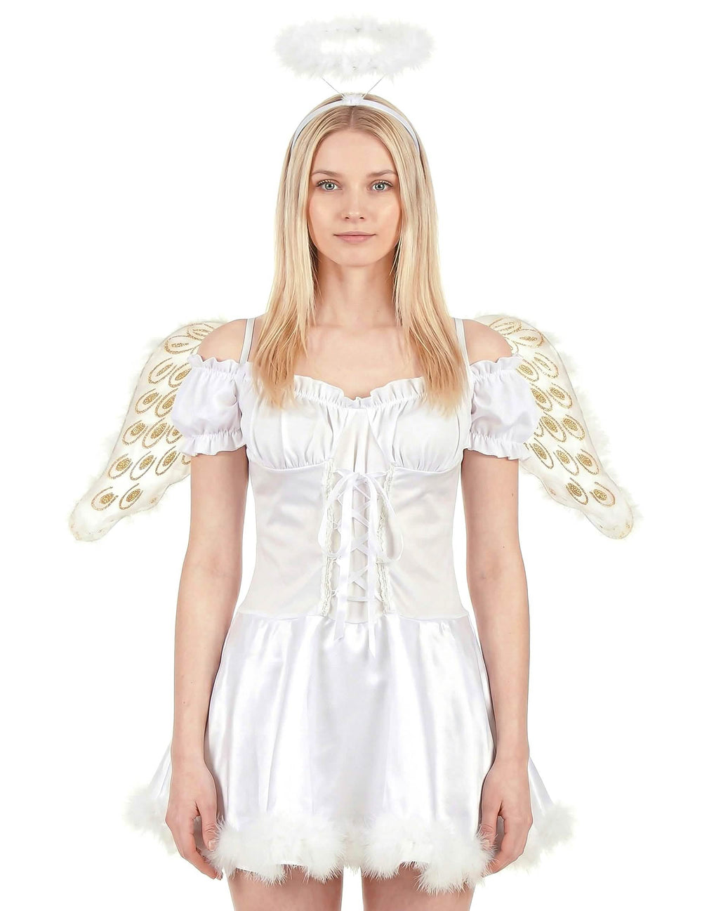 Grande aproximação ao busto do disfarce de anjo branco sexy para mulher