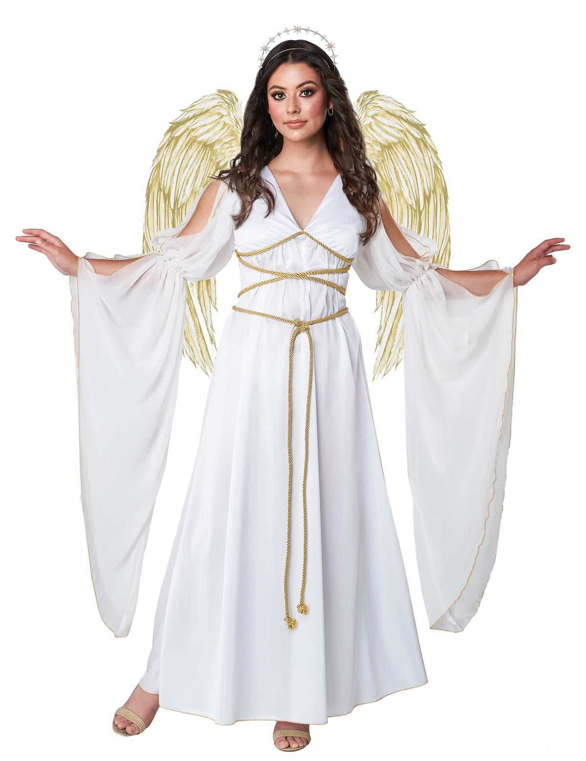 Déguisement ange divin pour femme blanc luxe avec ailes dorées