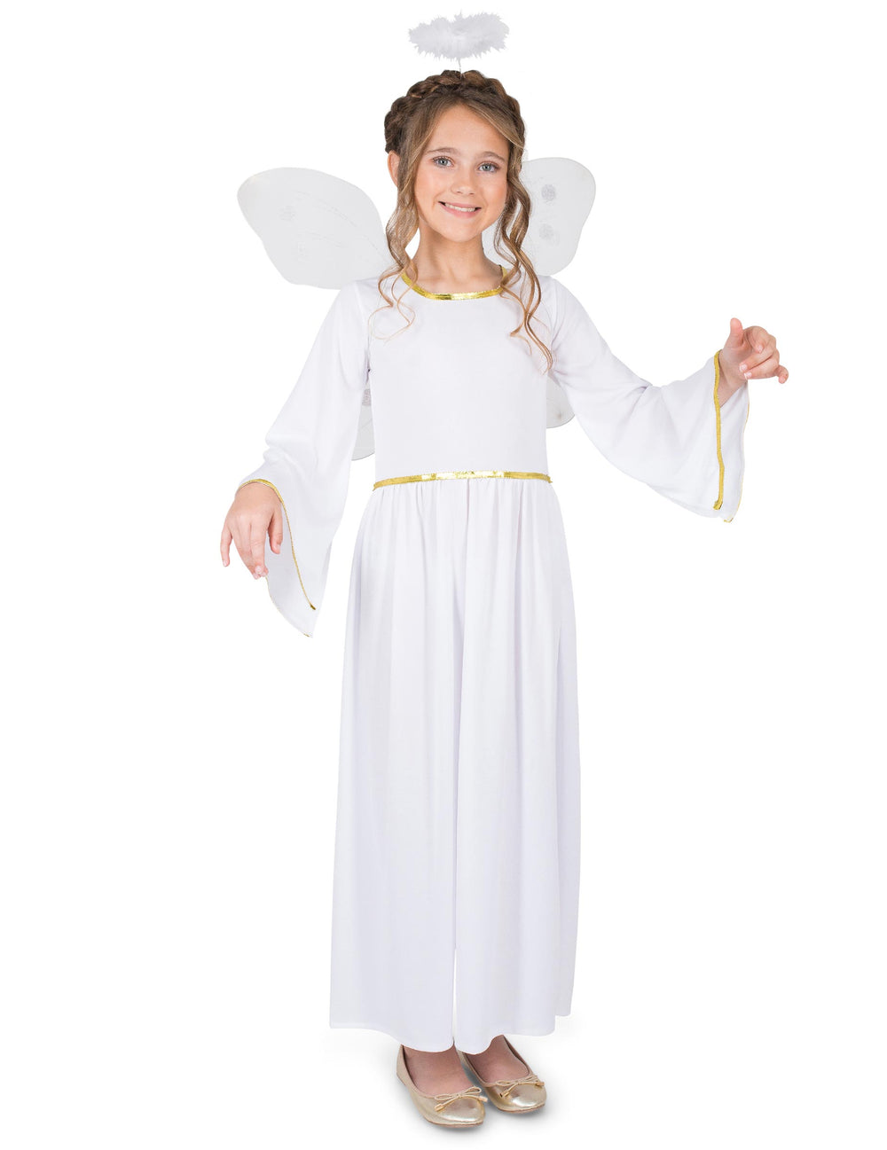 Déguisement Ange du ciel pour fille blanc et doré avec ailes et auréole