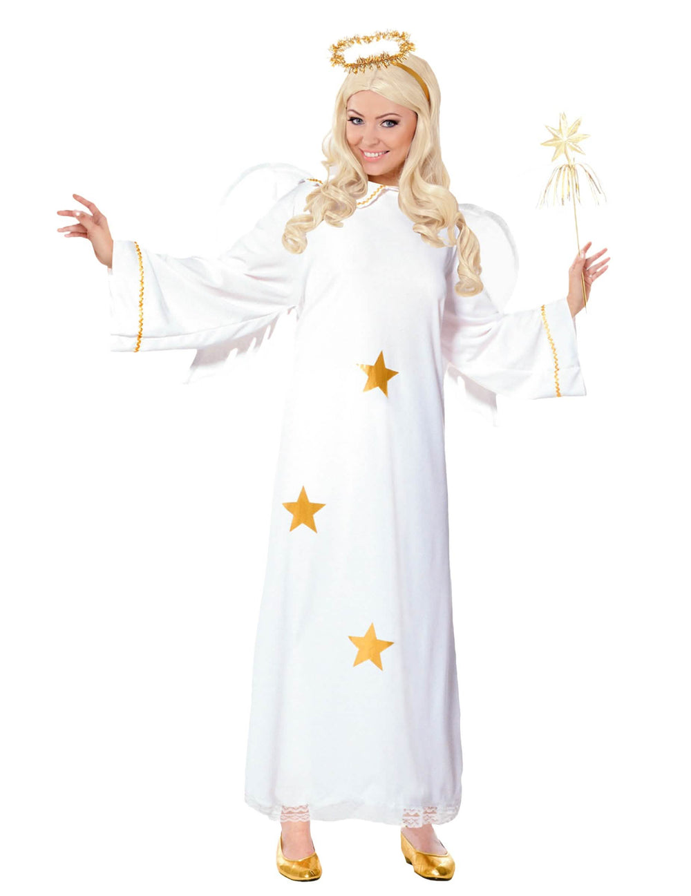 Déguisamento de anjo estrelado para mulher branco e dourado