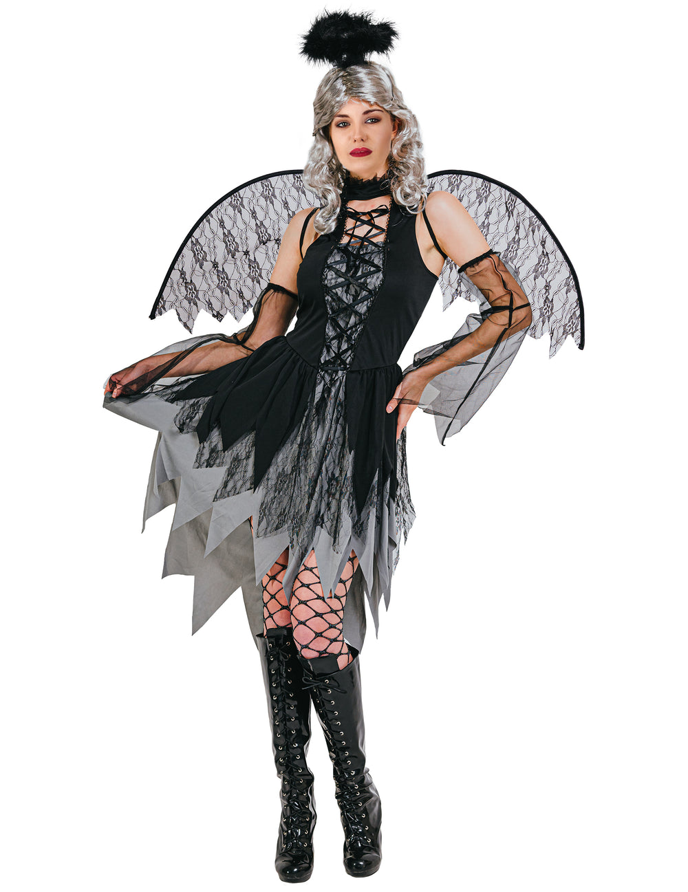 Déguisement d'ange gothique pour femme noir et gris avec ailes et auréole