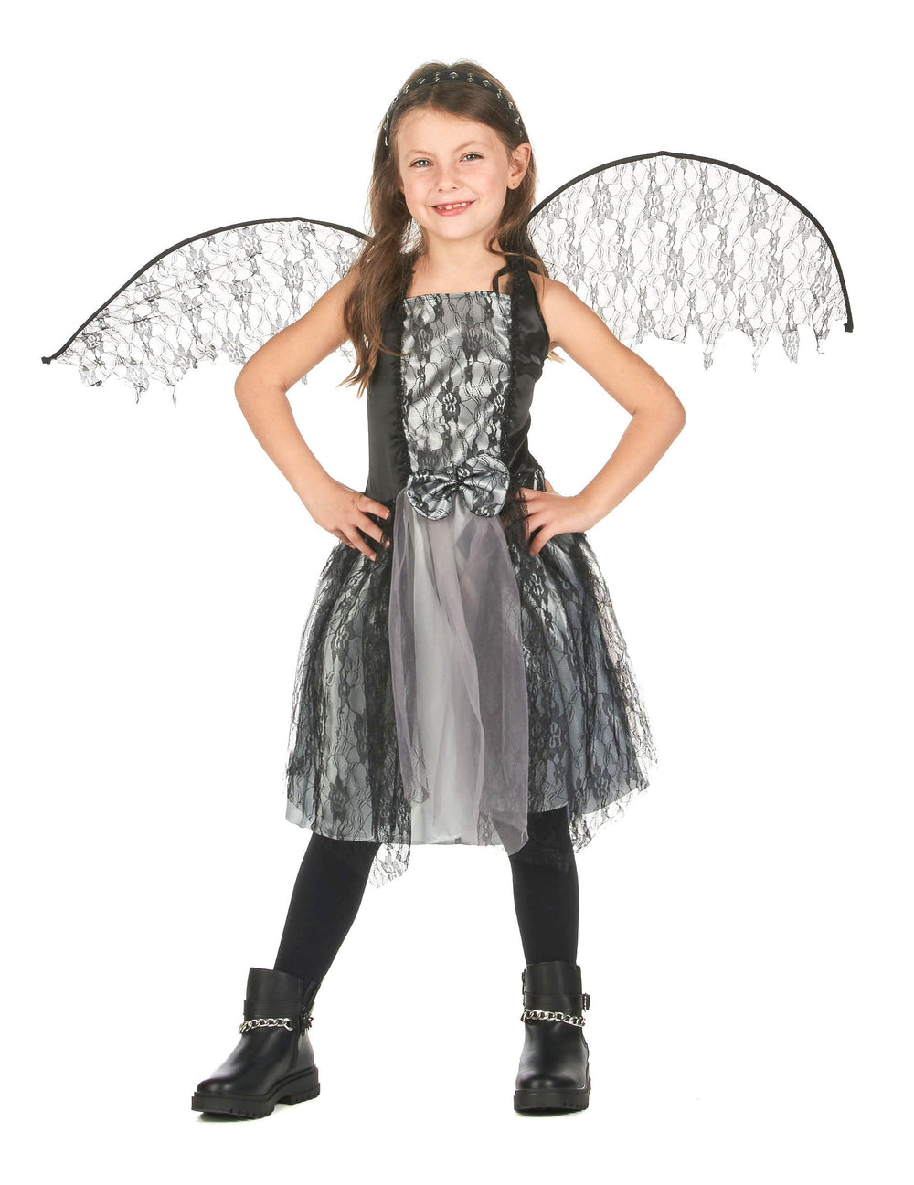 Déguisement ange gothique pour fille gris et noir avec ailes en dentelle