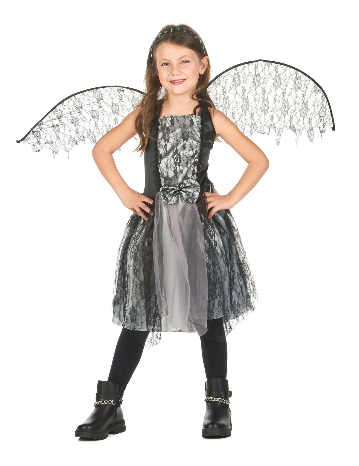 Déguisement ange gothique pour fille gris et noir avec ailes en dentelle