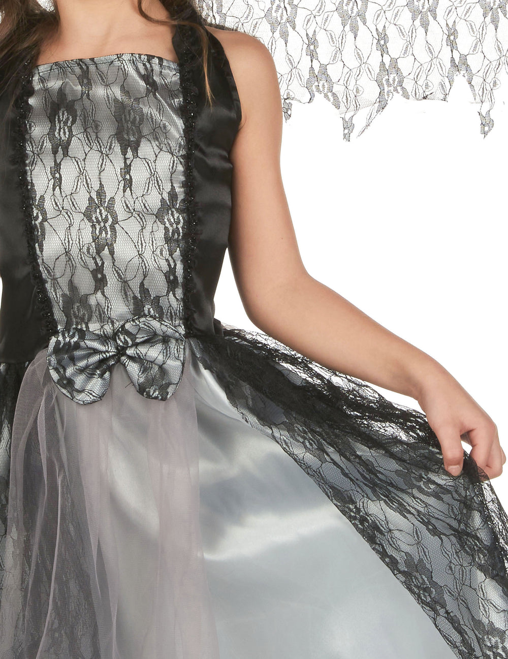 Détail du bustier et du nœud du déguisement ange gothique pour fille