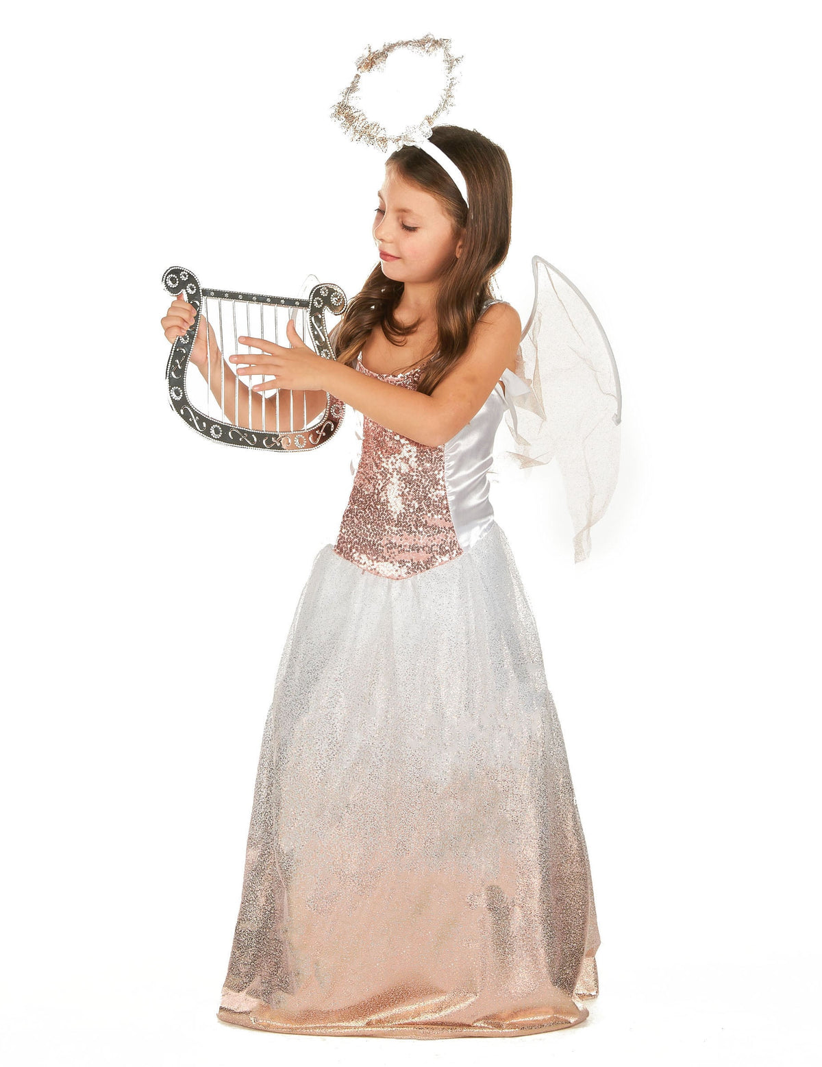 Déguisement d'ange pour fille rose gold avec ailes et auréole