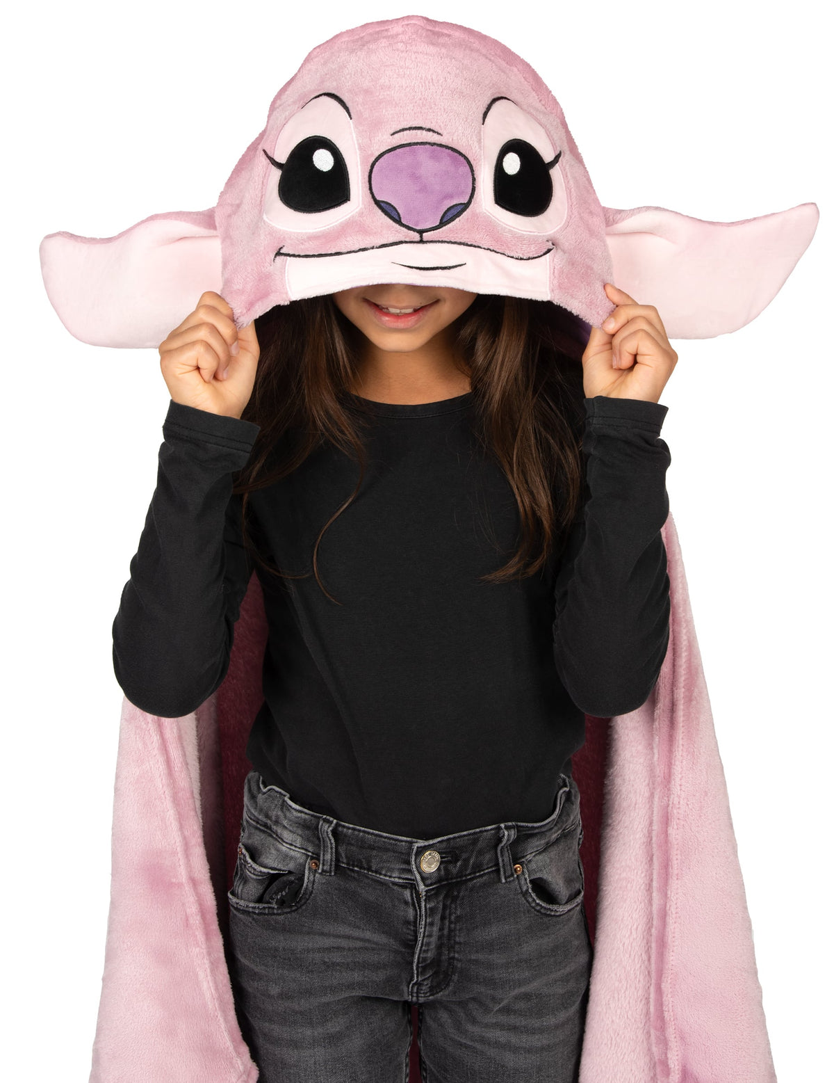 Gros plan sur la capuche du déguisement plaid polaire à capuche Angel Lilo & Stitch