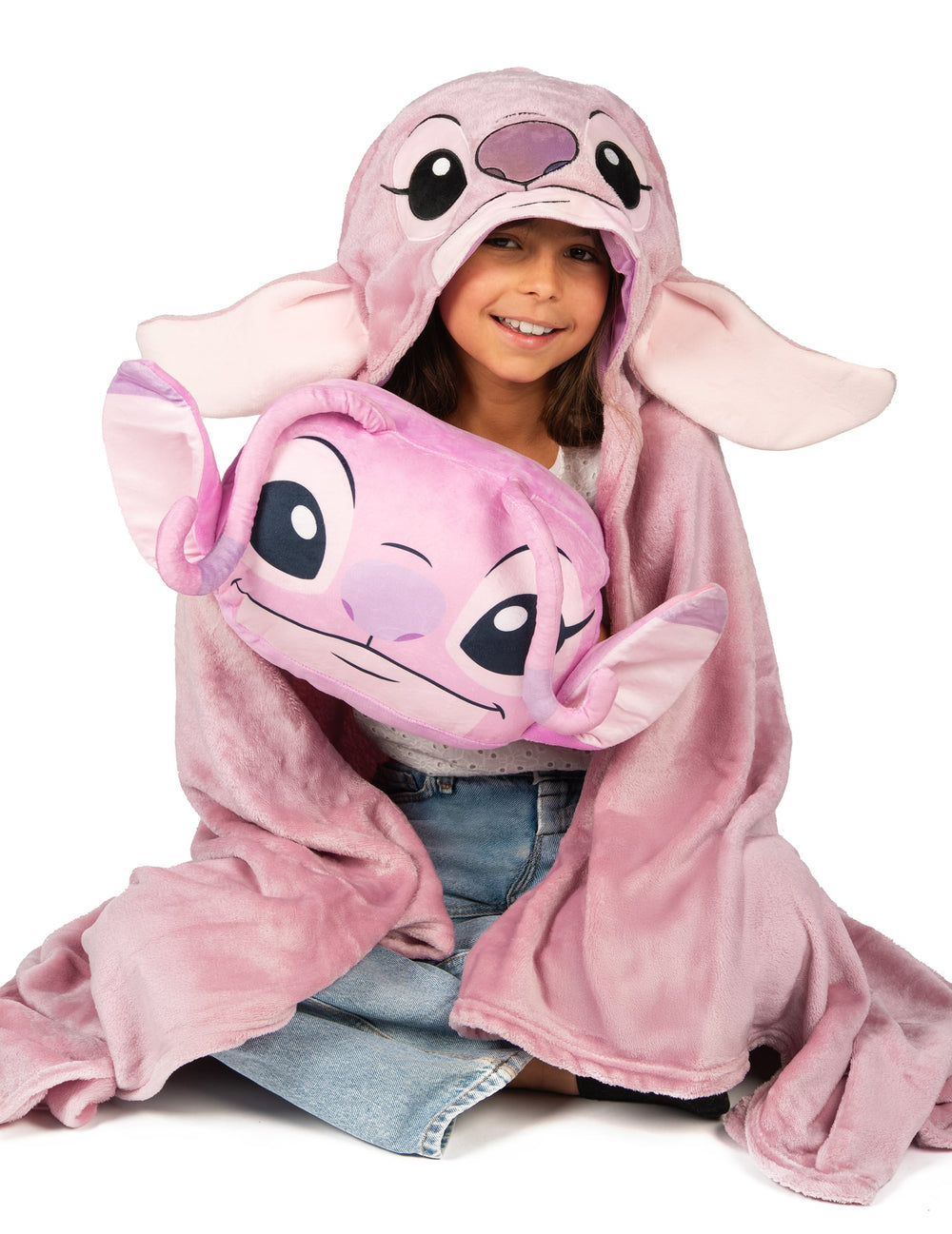 Vue de face avec le coussin du déguisement plaid polaire à capuche Angel Lilo & Stitch