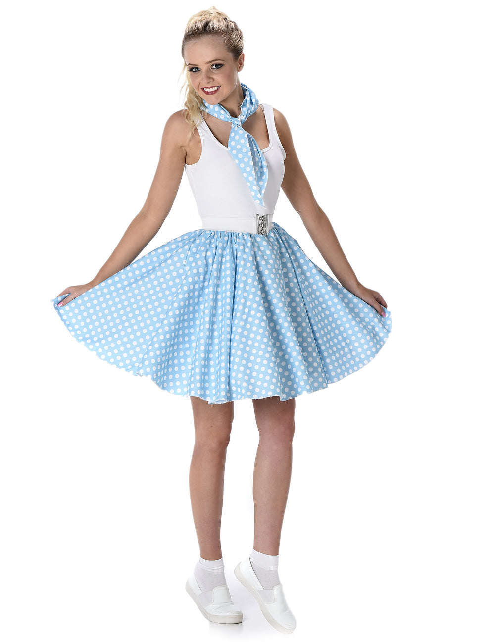 Déguisement années 50 pour femme bleu clair à pois avec foulard
