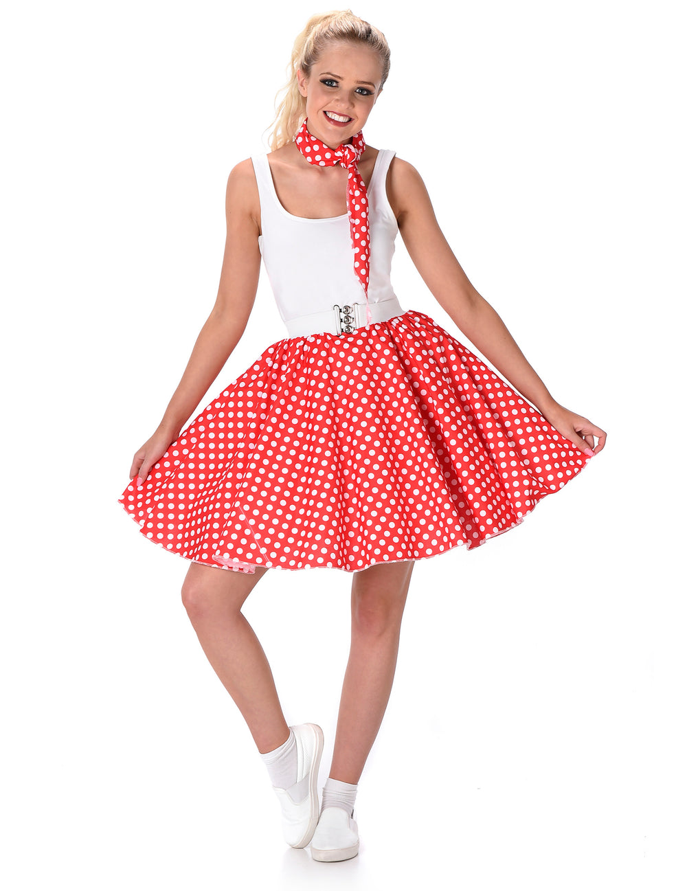 Déguisement années 50 pour femme rouge à pois avec foulard et ceinture