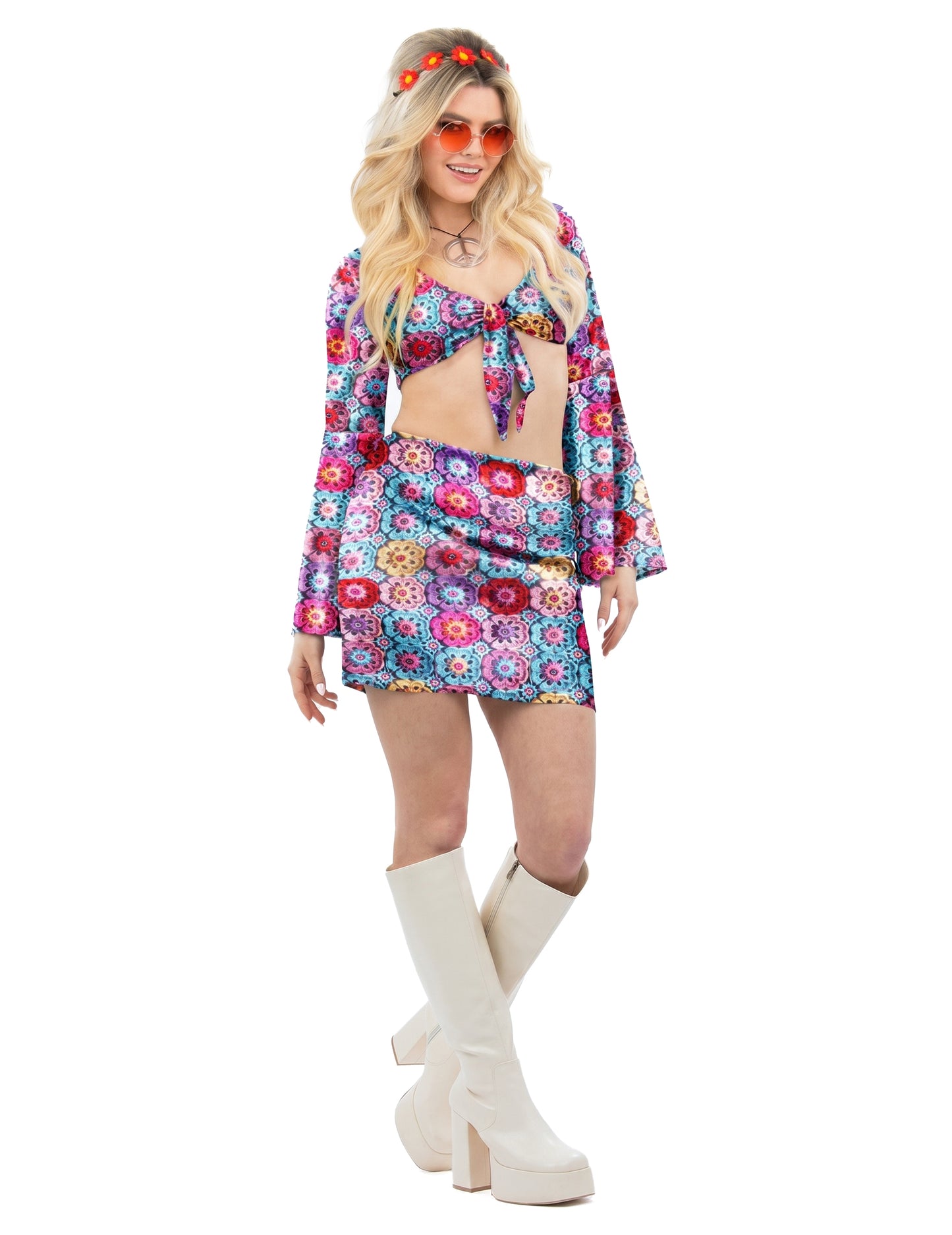 Fato anos 60 efeito crochet para mulher