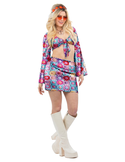 Fato anos 60 efeito crochet para mulher