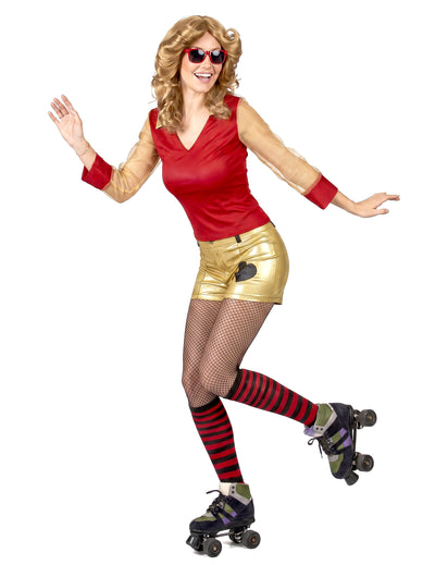 Disfarce anos 80 dourado e vermelho mulher
