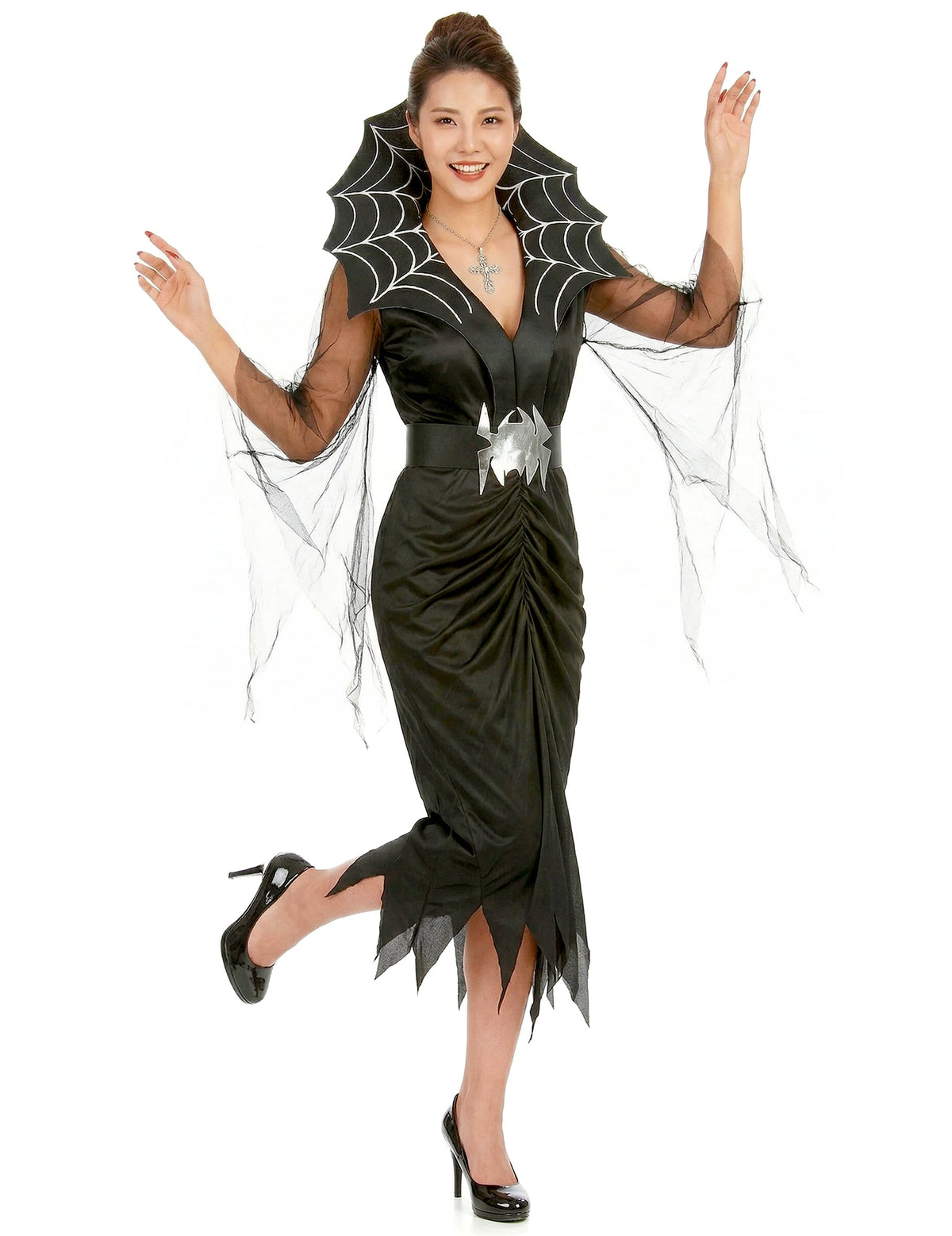 Déguisement de sorcière araignée pour femme noir avec col toile d'araignée
