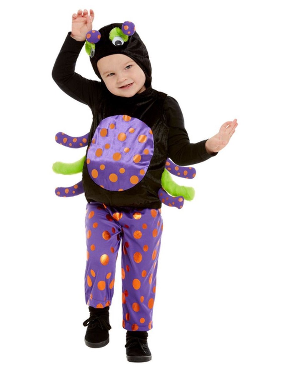 Déguisement d'araignée peluche pour enfant noir et violet à pois oranges