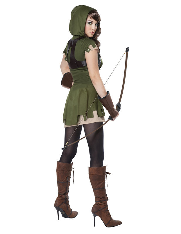 Déguisement archer des bois pour femme vert et marron avec capuche