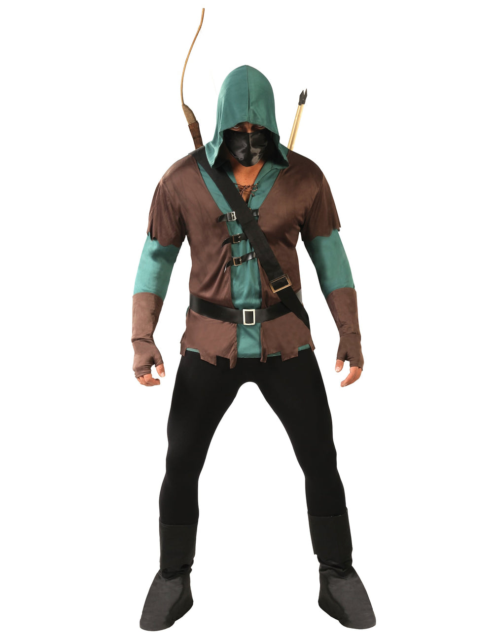 Déguisement d'archer masqué pour homme vert et marron avec capuche et arc