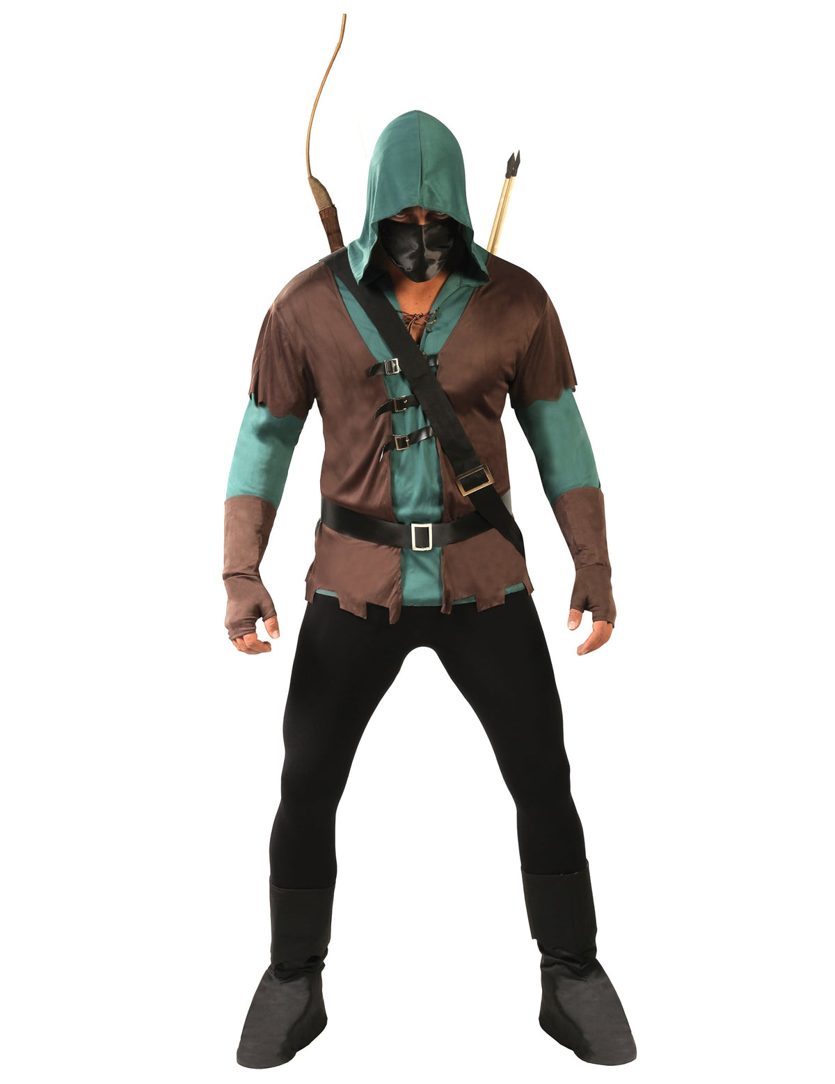Déguisement d'archer masqué pour homme vert et marron avec capuche et arc