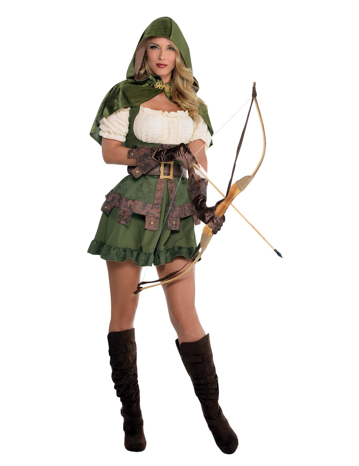 Déguisamento sexy de arqueira para mulher verde e castanho com capa com capuz