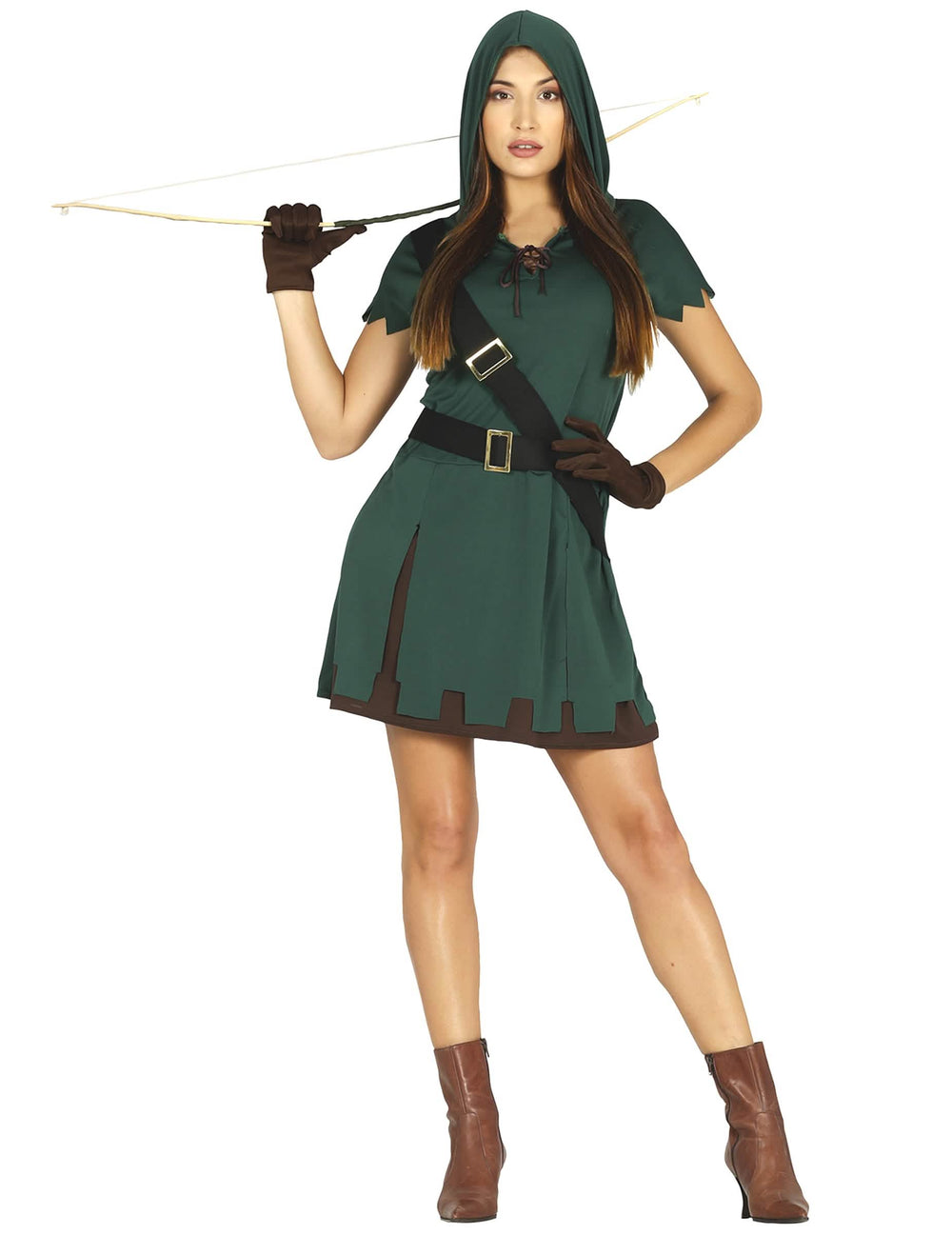 Fato de arqueira para mulher verde com capuz e arco