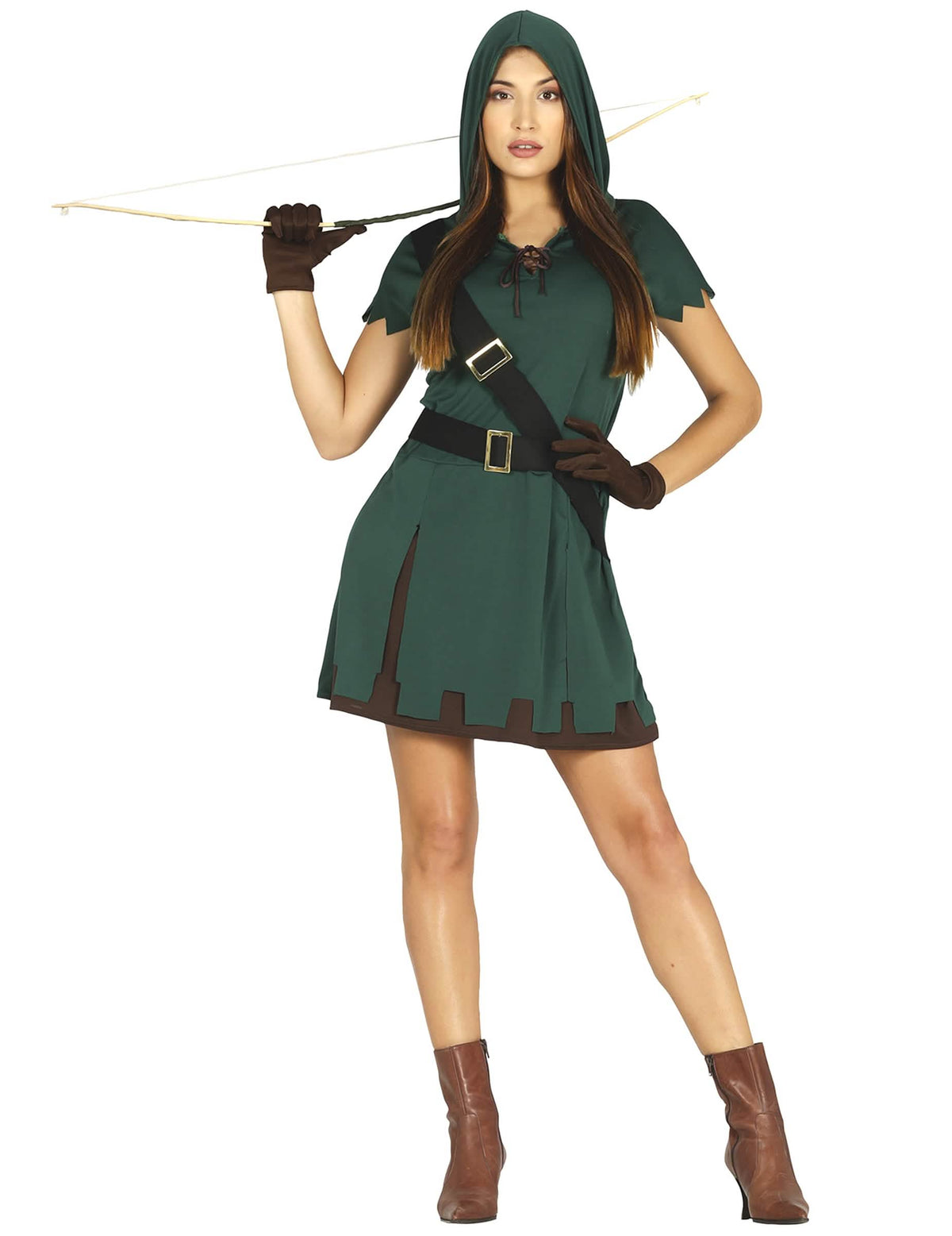Fato de arqueira para mulher verde com capuz e arco