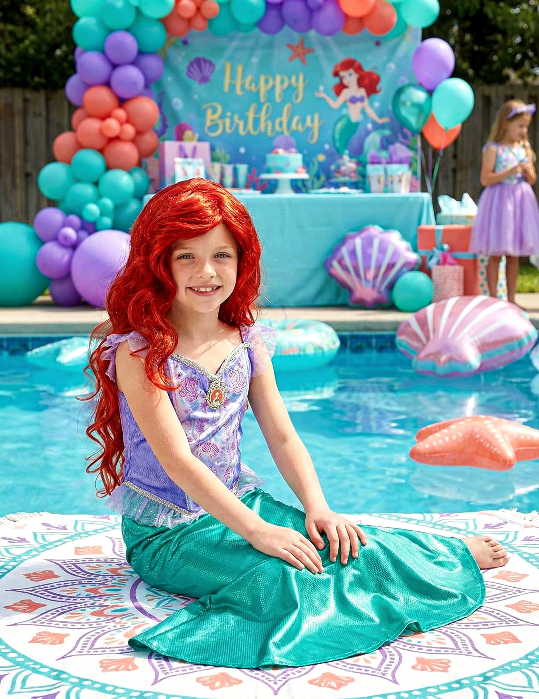 Mise en scène au bord d'une piscine du déguisement Ariel la Petite Sirène™ classique pour fille