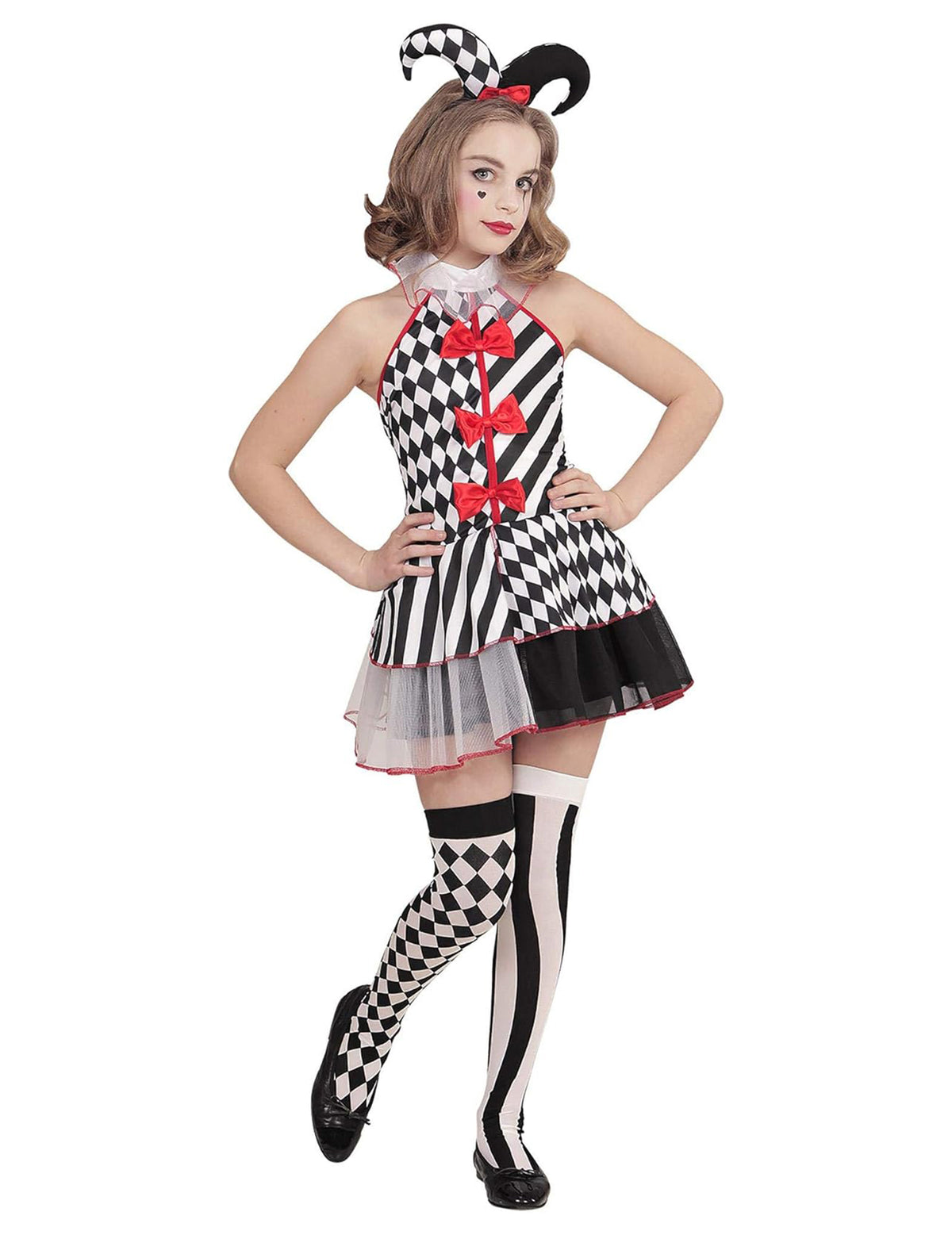 Vue de face du déguisement arlequin damier pour fille