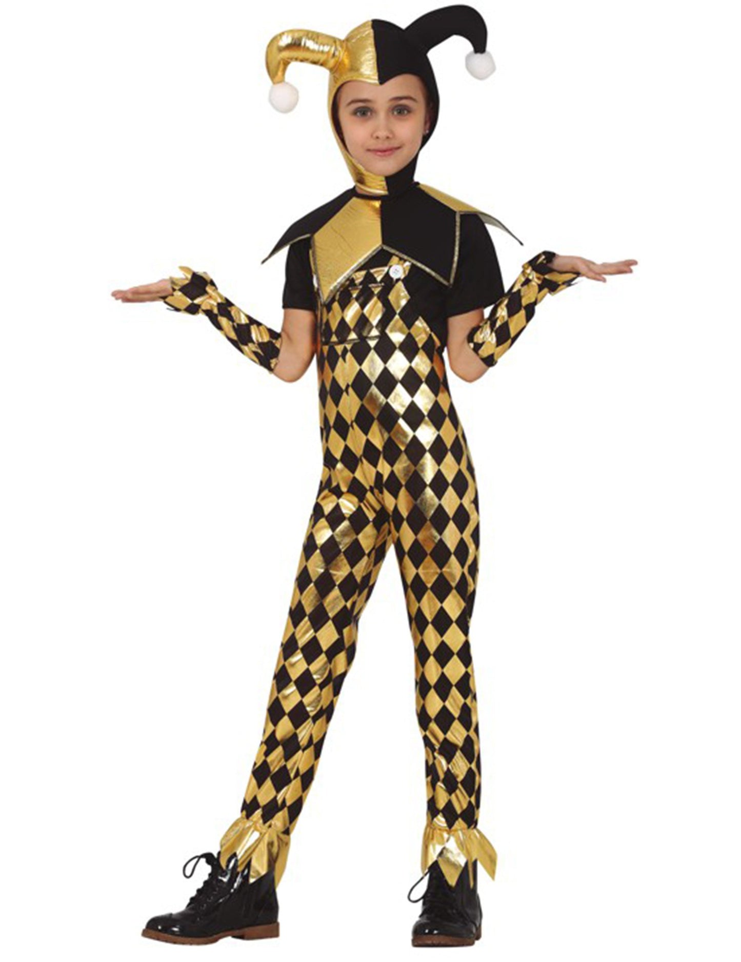 Déguisement d'arlequin pour fille doré et noir à motifs losanges avec coiffe