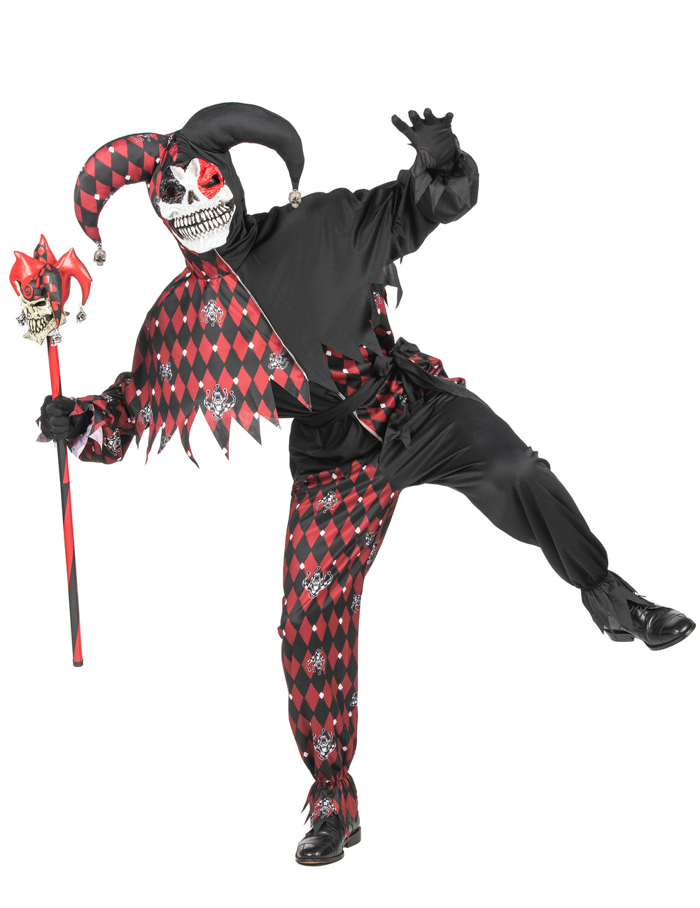 Pose dynamique avec sceptre du déguisement Arlequin du mal luxe pour homme