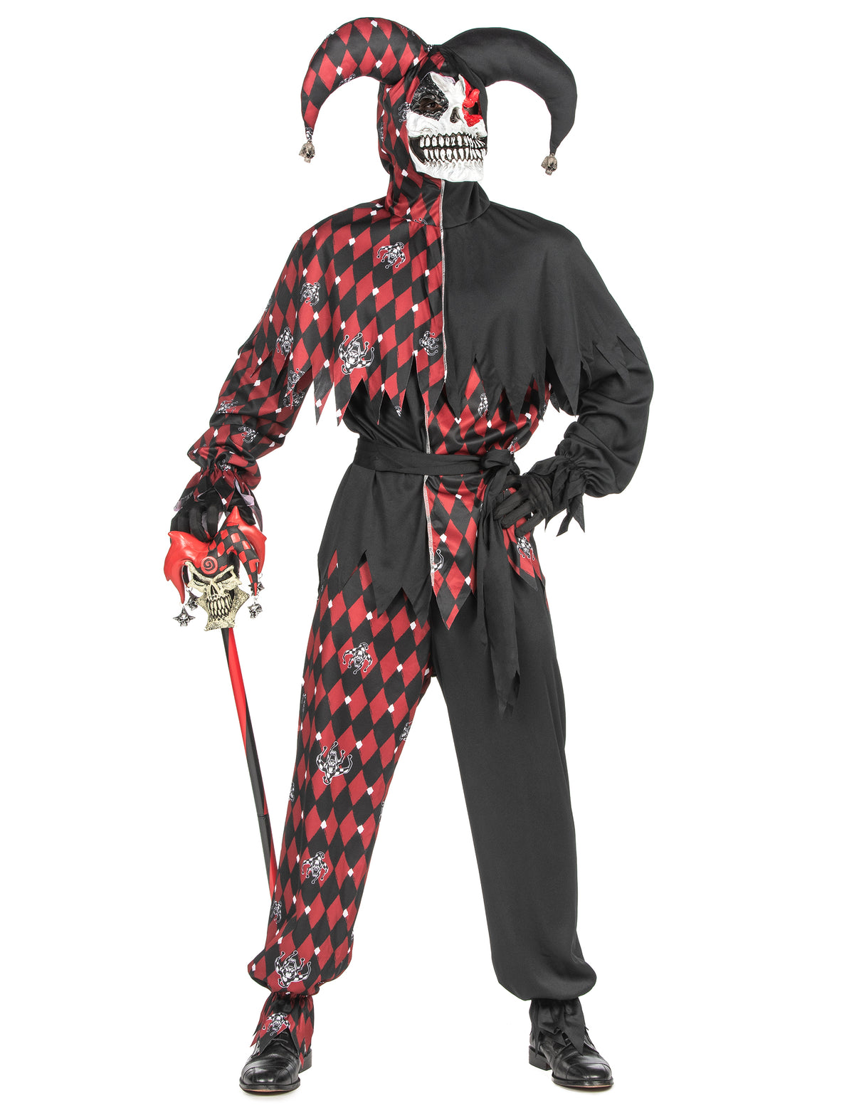 Vue de face avec sceptre du déguisement Arlequin du mal luxe pour homme