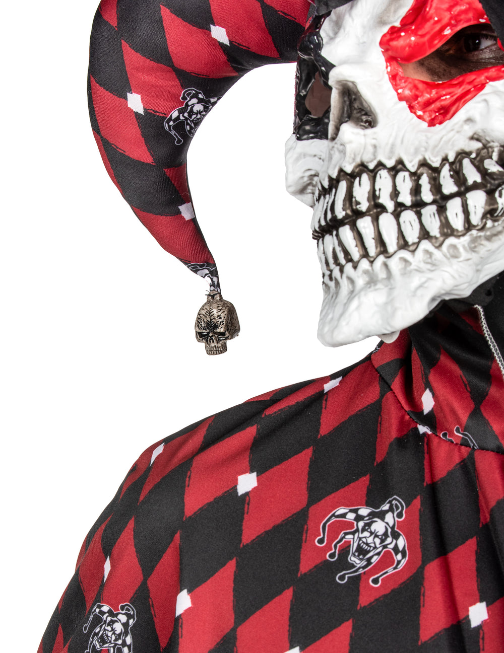 Détail du masque de squelette et du bonnet du déguisement Arlequin du mal luxe