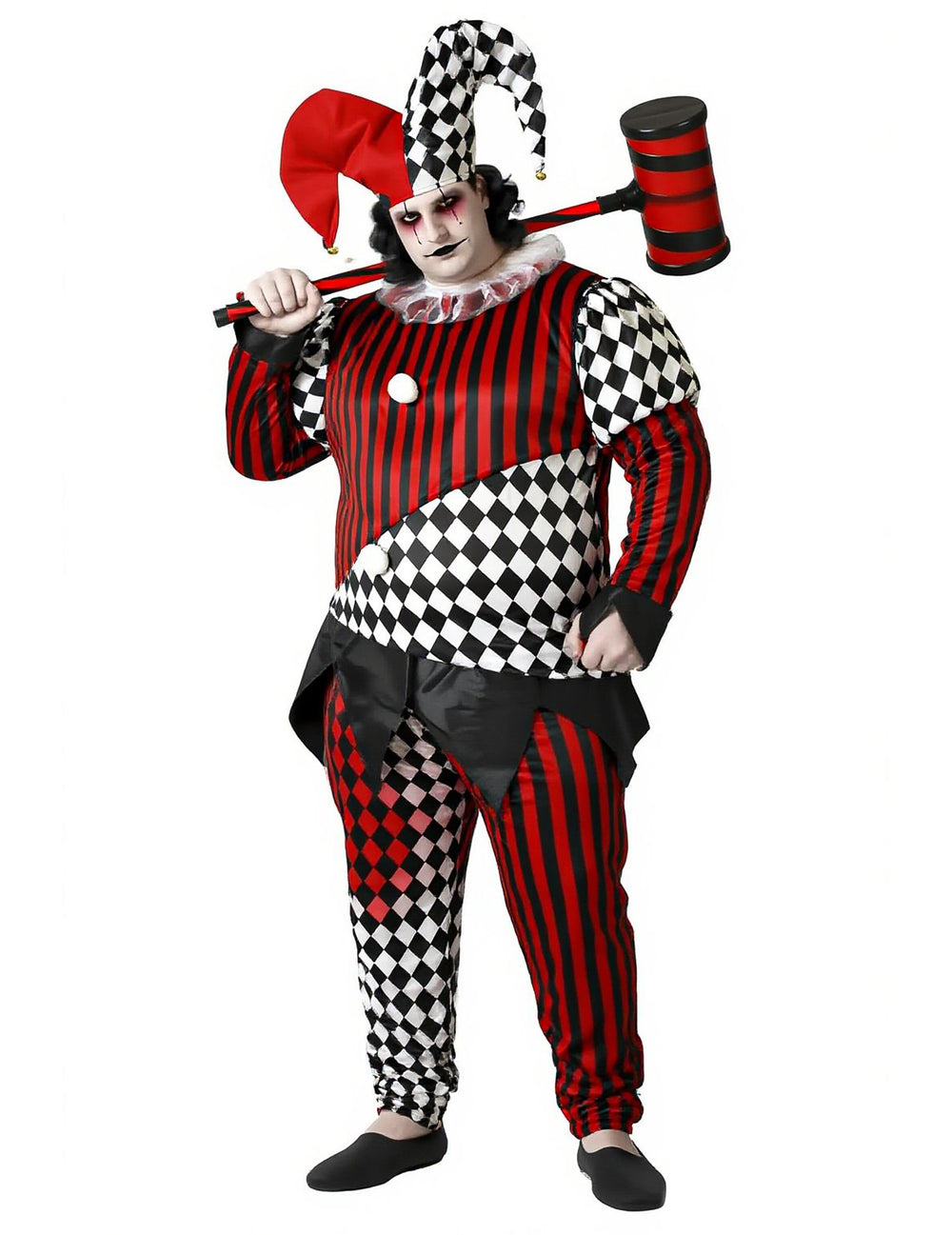 Déguisement Arlequin effrayant pour homme rouge noir et blanc à rayures et losanges avec chapeau